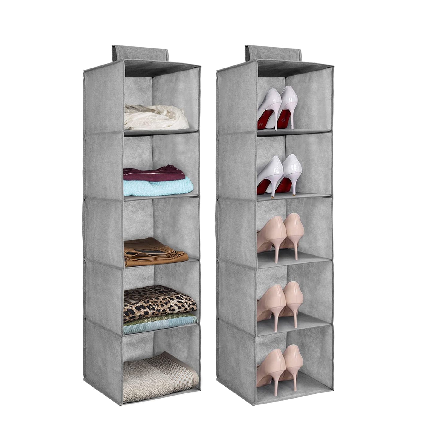 5-Shelf Hanging Closet Organizer, Foldable Cupboard Storage with Easy Fastening Strap, Space-Saving Clothes & Shoe Rack, Grey, 30x30x100 cm