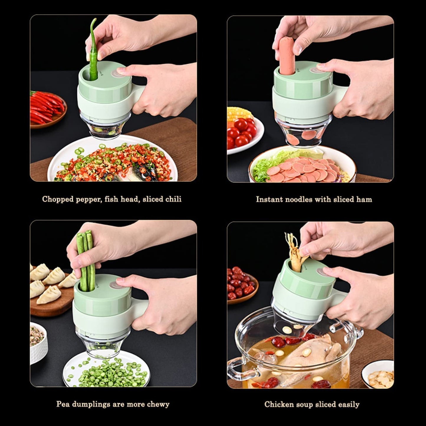4-in-1 Electric Handheld Cooking Cutter Vegetable Cutter, Multifunction Food Chopper and Slicer for Garlic, Pepper, Chili, Onion, Celery, Ginger, and Meat with Cleaning Brush