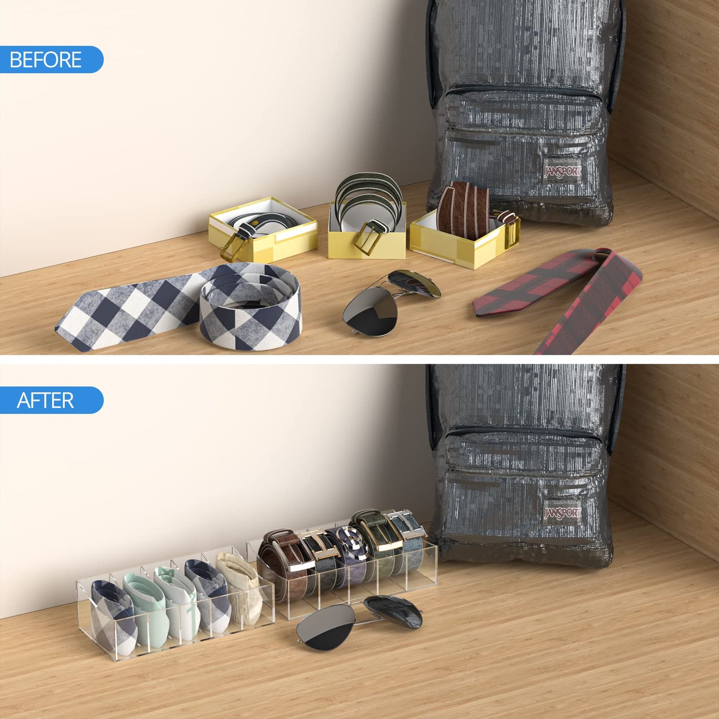 Acrylic Belt Storage Holder, 5-Compartment Clear Display Organizer for Closet or Drawer, Belt Tie and Bow Tie Container for Men’s Accessories and Daily Use, Transparent Case, Clear