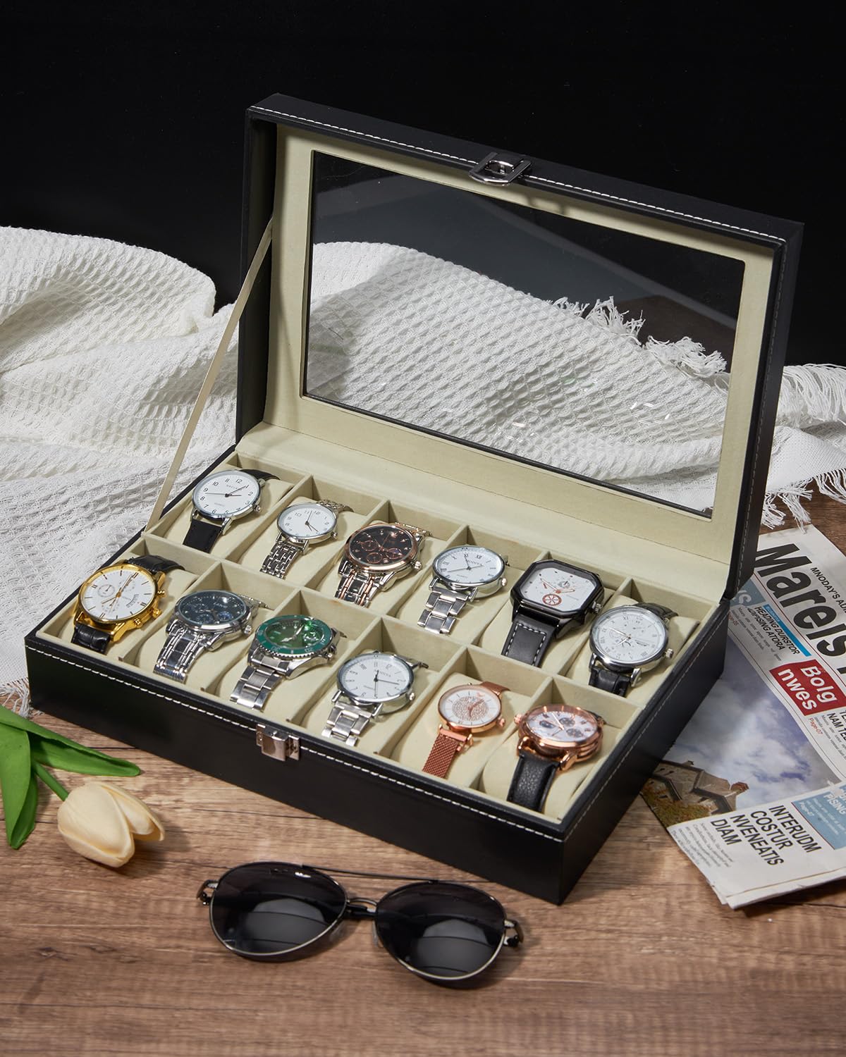 Watch Organizer Case for Men, 12 Slot Watch Box with Real Glass Lid, PU Leather Display Storage, Soft Velvet Interior, Jewelry Holder