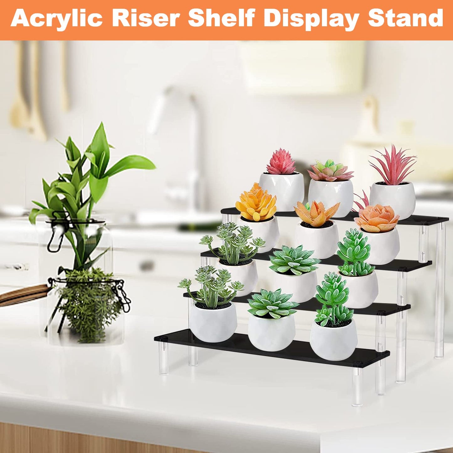 4-Tier Acrylic Display Stand, Black Clear Step Riser Shelf for Perfume Bottles, Pop Figures, Cupcakes, and Product Showcases, Elegant Multi-Level Organizer for Home or Events - Black
