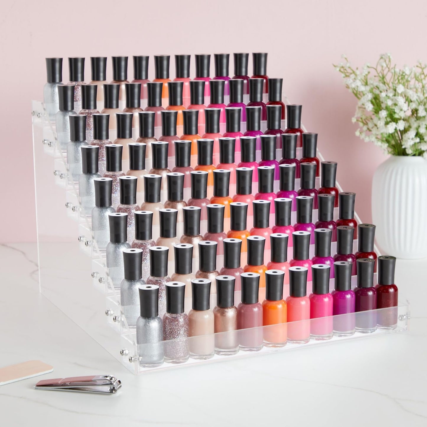 Tier Tiered Acrylic Makeup Organizer, Wide Display Rack for Lipstick, Nail Polish, and Eyeshadow, Clear Countertop Stand for Essential Oils, Paints, and Retail Displays