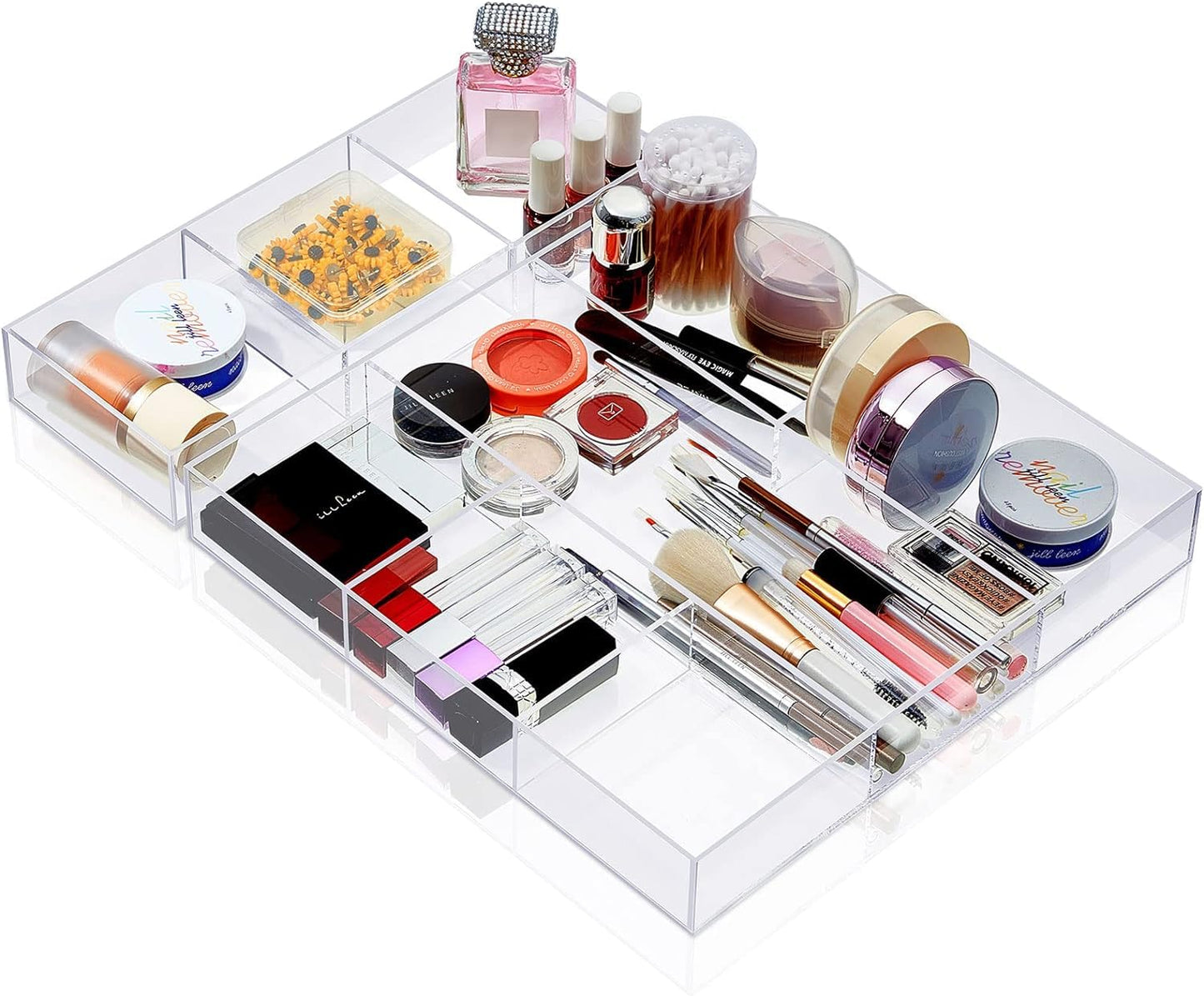 Clear Acrylic Drawer Organizer Set of 2, 6-Section and 3-Section Divided Trays, 30.2 x 30.2 x 4.3 cm and 30.2 x 11.4 x 4.3 cm, Makeup and Desk Storage for Bathroom Kitchen or Office Use
