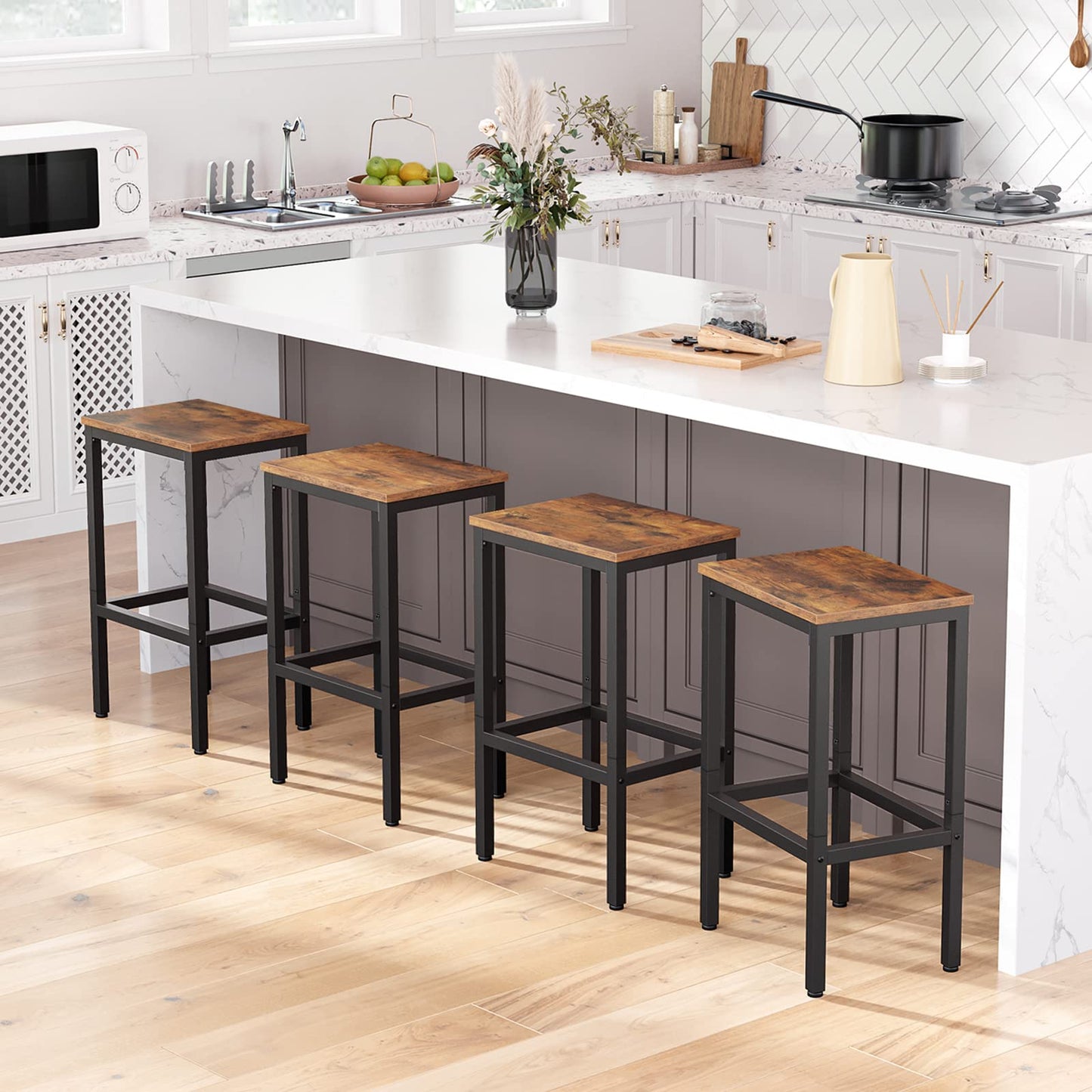 Bar Stools, Set of 2 Bar Chairs with Footrest, Black Steel Frame, Adjustable Feet, for Living Room, Dining Room, Kitchen, Industrial Design, Rustic Brown