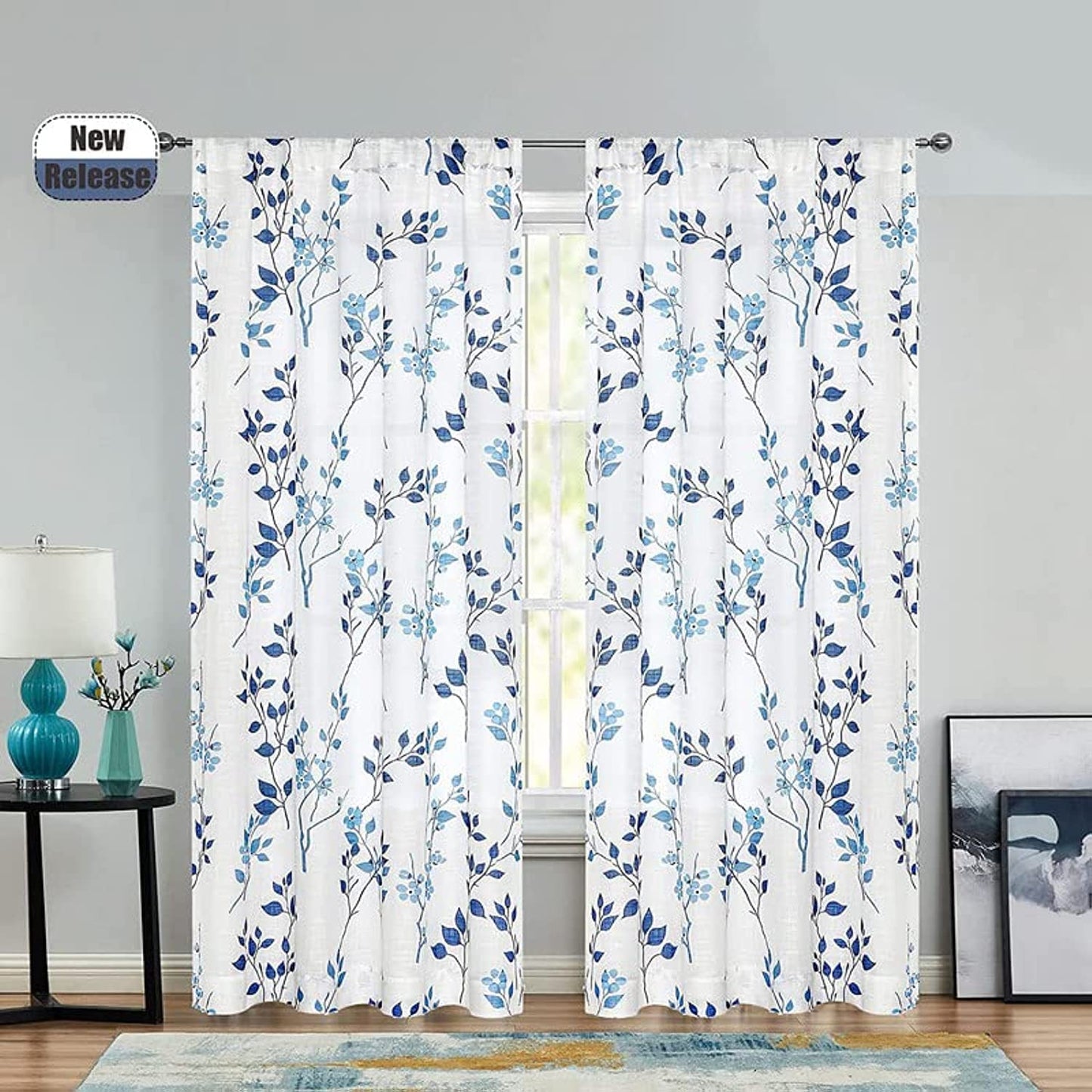Rich Natural Linen curtains - Printed floral curtains- Semi-transparent - Road Pocket grommets for living room, bedroom, kitchens, 1 piece