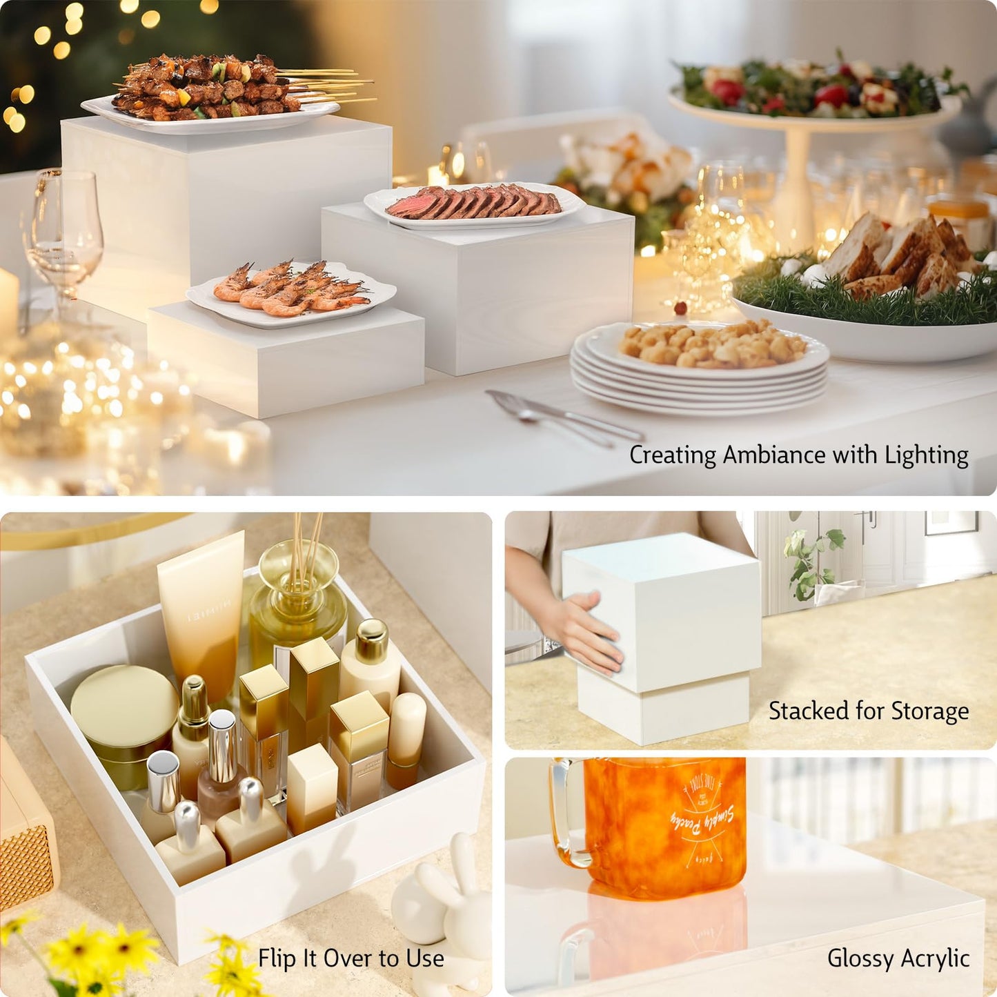 Buffet Risers Set, 6-Piece Acrylic Cube Display with Hollow Bottoms, Nesting Riser Stands for Dessert Table, Retail Display, Party and Buffet Presentations, 20 x 23 x 25 cm - White