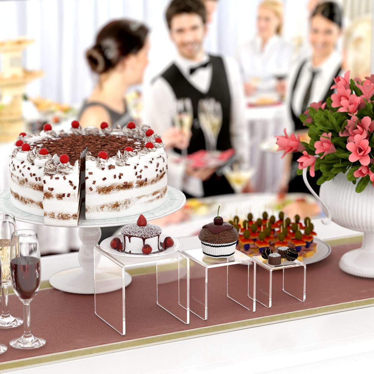 2 Sets of Clear Acrylic Display Risers, 3-Tier Stand Showcases for Dessert Tables, Jewelry Displays, Collectibles, Retail Counters, Sturdy Transparent Presentation, Clear