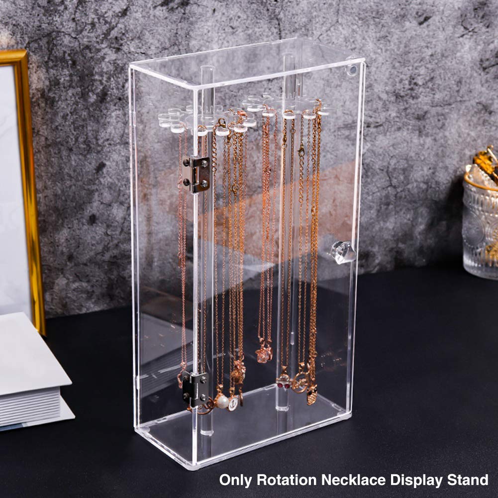 Rotating Necklace Display Stand, Clear Acrylic Pendant and Jewelry Organizer, Dustproof Display Box for Necklaces, Bracelets, Earrings and Rings, Ideal for Retail and Home Use, Clear