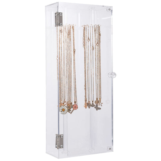 Rotating Acrylic Necklace Holder, Lengthened Clear Jewelry Display Stand with 24 Hooks, Dustproof Organizer for Necklaces and Pendants, Perfect for Dresser, Bathroom, Retail Display, Clear