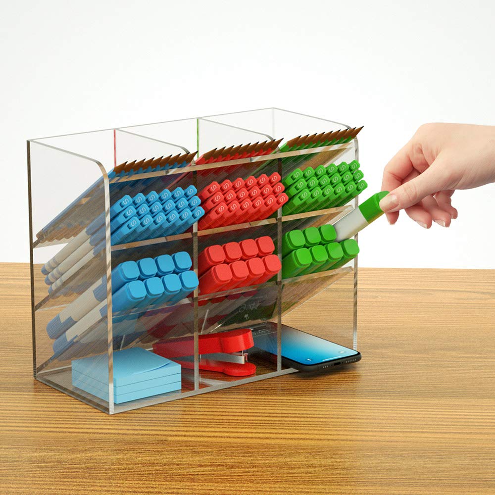 Clear Acrylic Desk Organizer and Pen Holder, 12-Compartment Pencil Caddy for Office and School, Versatile Makeup Brush Organizer and Art Craft Supplies Storage Solution