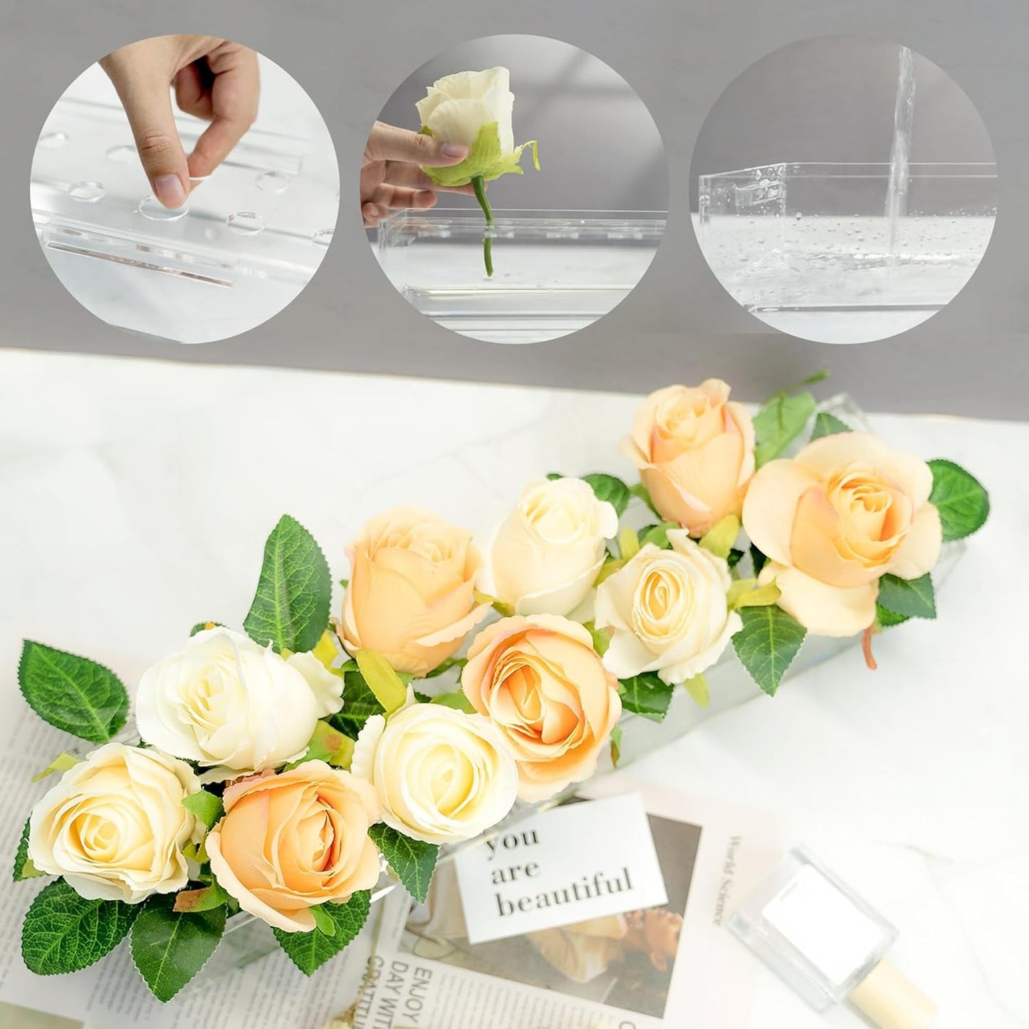 Long Rectangular Flower Vase, Clear Acrylic 40cm Centerpiece for Dining Table, Home Decoration, or Wedding Floral Arrangements, Modern Tabletop Vase for Living Room and Events, Clear