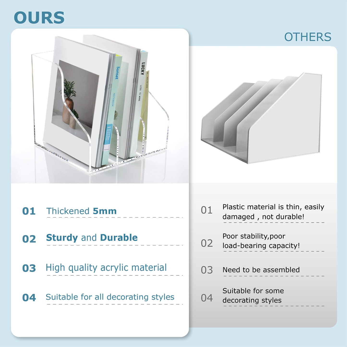 Clear Acrylic Magazine Holder, 3-Slot Desktop File Sorter Organizer Rack for Office Desk Accessories and Storage Stand