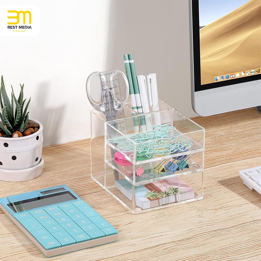Clear Acrylic Desk Organizer with Adjustable Sticky Note Storage, 6-Compartment Office Desktop Caddy with Pen Holder and Accessory Bins for Modern Home and Office Stationary