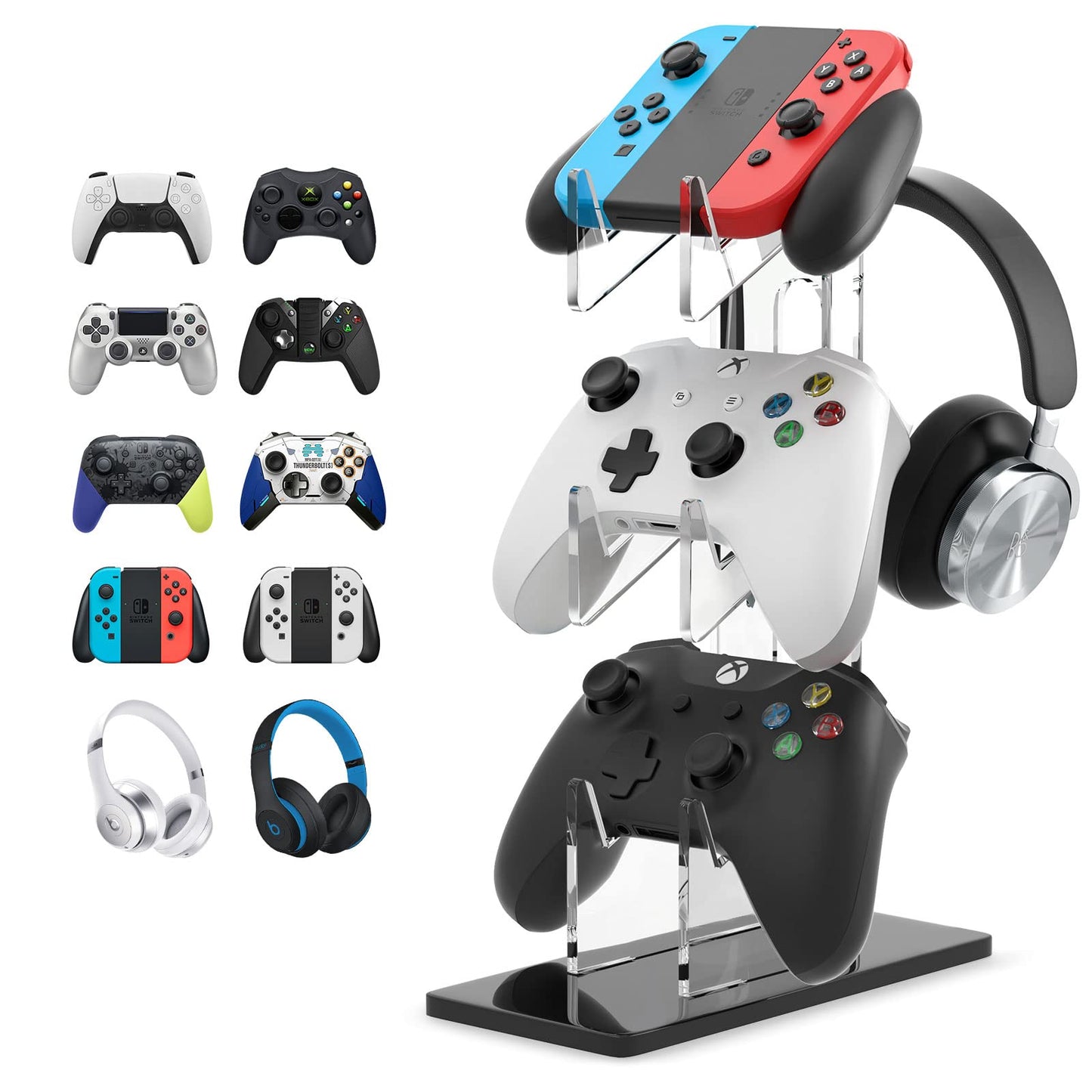 3-Tier Headset and Dual Controller Stand, Universal Gaming Organizer Rack for Desk, Clear Acrylic Holder for PS5, PS4, and Xbox Accessories, Modern Gamer Storage Station