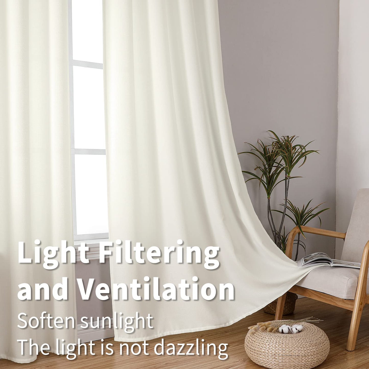 Natural Linen Curtains -Semi Transparent Sheer -Soft And Durable Fabric -For Living Rooms And Bedroom Steel Grommets -Two Pieces