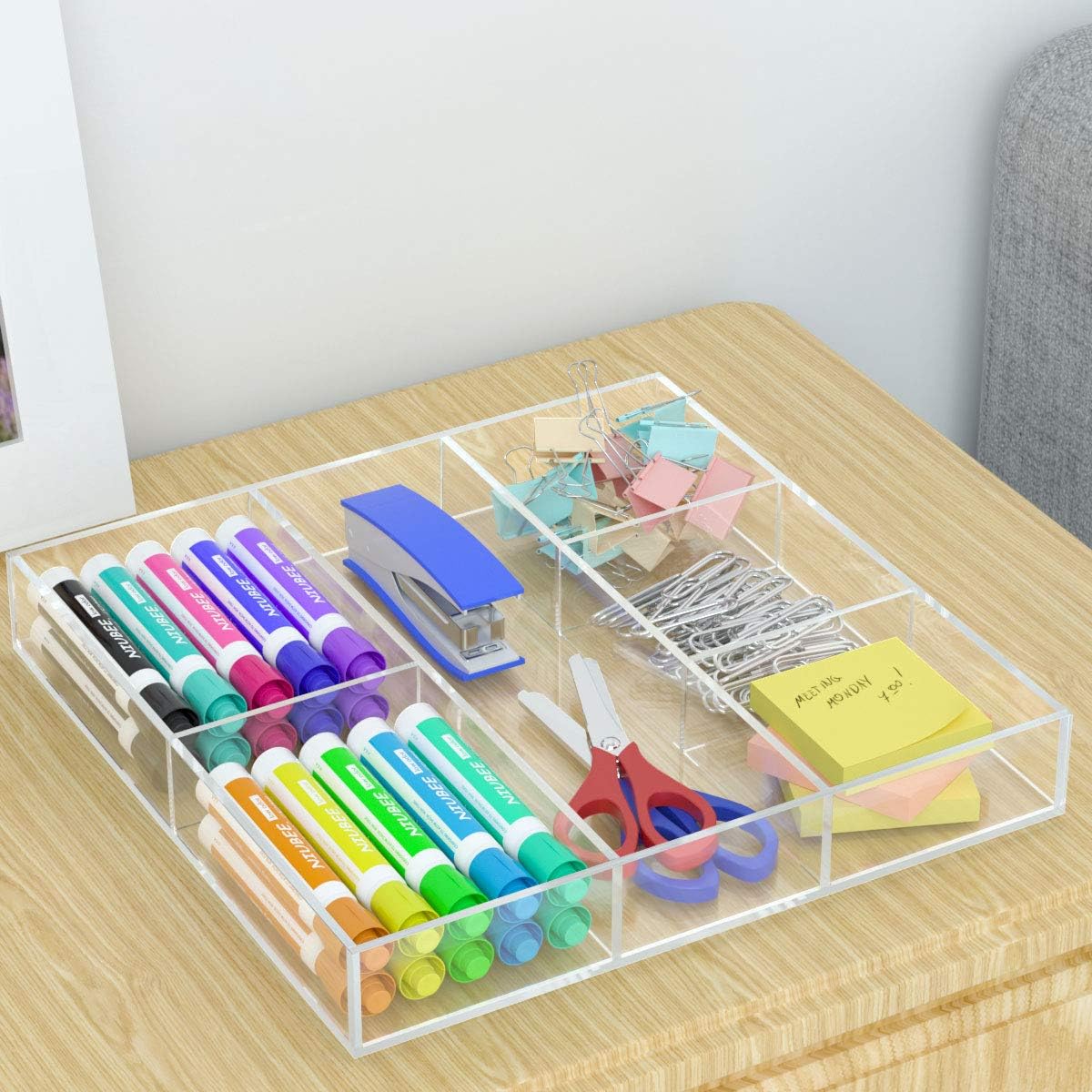 6-Section Clear Acrylic Drawer Organizer and Storage Tray, Versatile Plastic Desk and Makeup Drawer Insert for Kitchen, Bathroom, and Office Organization, Low-Profile Divided Tray