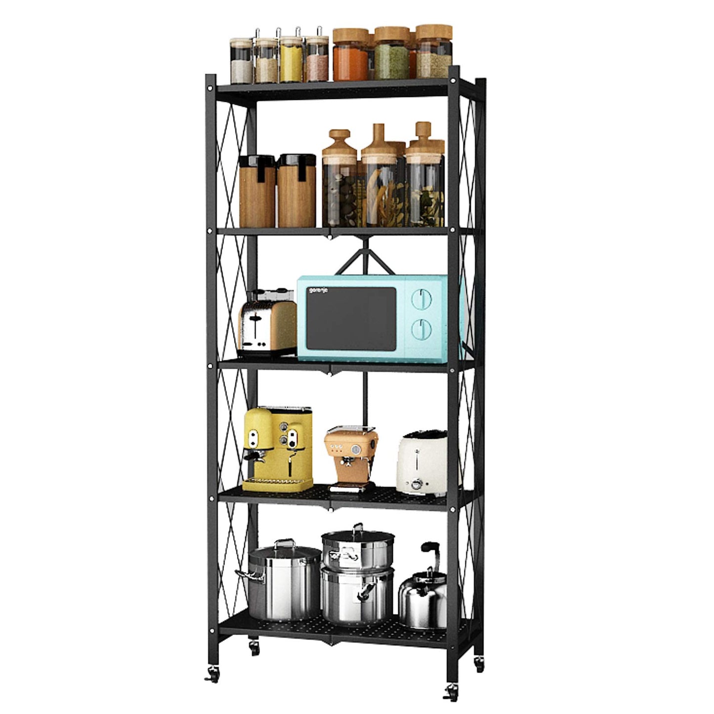 Storage Shelves, 5-Shelf Foldable Metal Shelving Units 28" W x 14" D x 65" H for Garage Kitchen Bakers Closet, Metal Wire, Collapsible Organizer Rack, Heavy Duty on Wheels (5 Shelf)