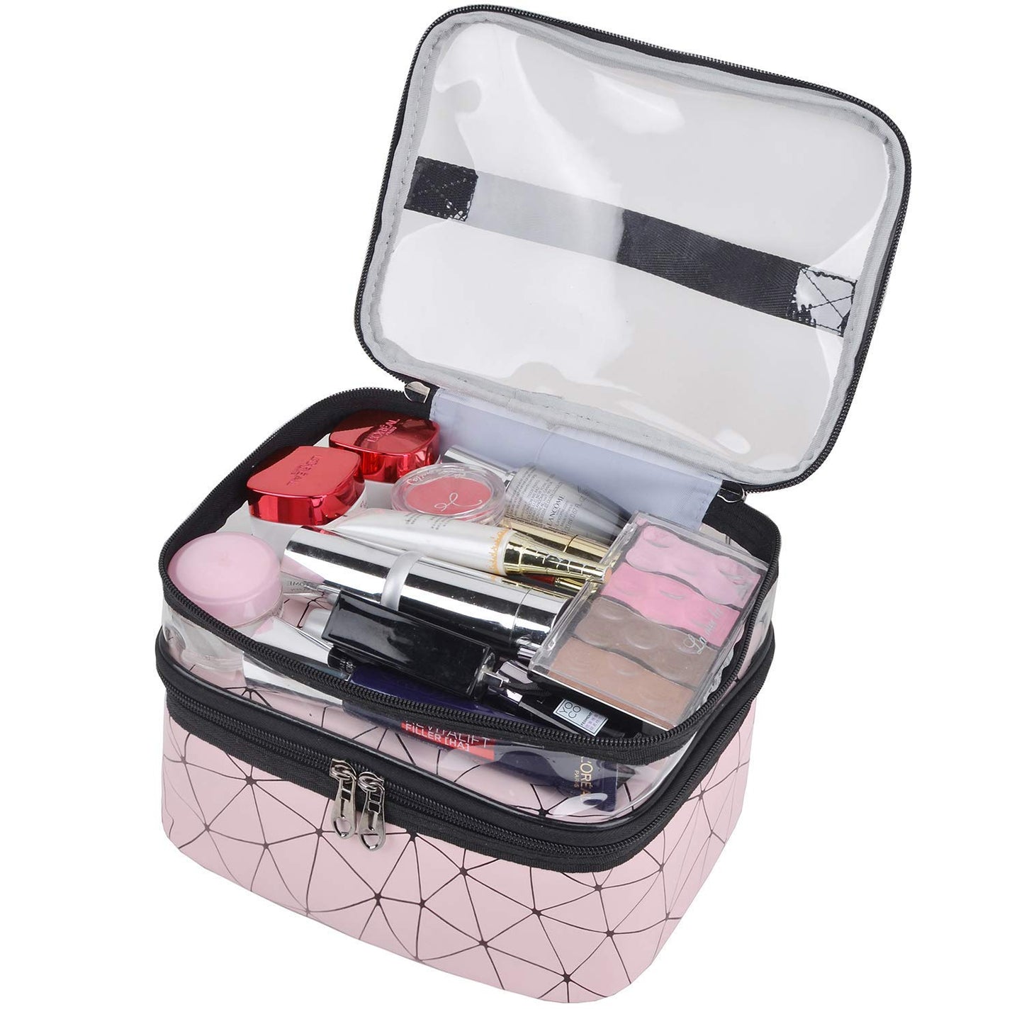 MKPCW Makeup Bags Double layer Travel Cosmetic Cases Make up Organizer Toiletry Bags (Pink)
