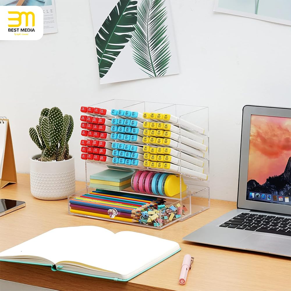 Clear Acrylic Pen Organizer for Desk, 12-Compartment Desktop Storage Caddy with Integrated Drawer, Multi-functional Holder for Pens, Markers, and Art Supplies for Home and Office