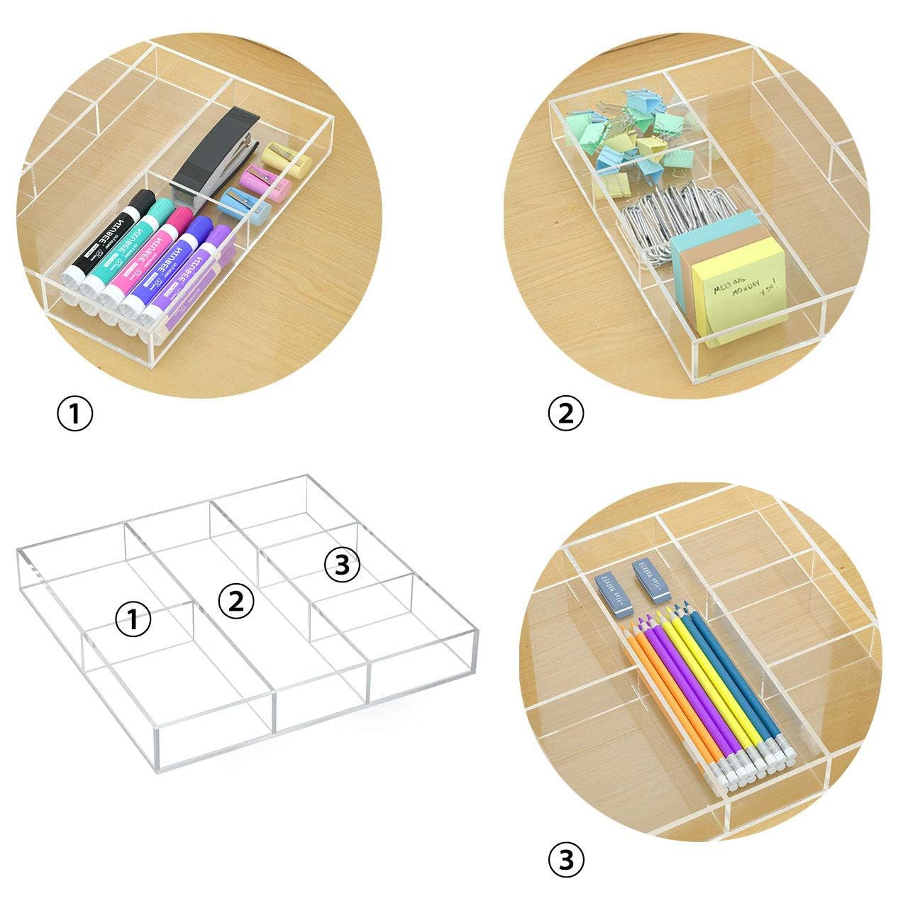 6-Section Clear Acrylic Drawer Organizer and Storage Tray, Versatile Plastic Desk and Makeup Drawer Insert for Kitchen, Bathroom, and Office Organization, Low-Profile Divided Tray