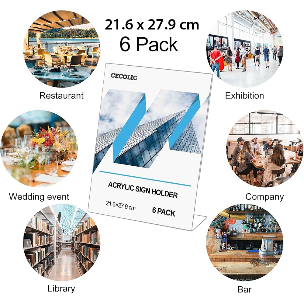 Acrylic Sign Holder, 6-Pack Clear Slant Back Display Stands, 21.6 x 27.9 cm Holders for Menus, Flyers, Documents, Papers and Photos, Suitable for Office, Desktop, Counter and Event Use