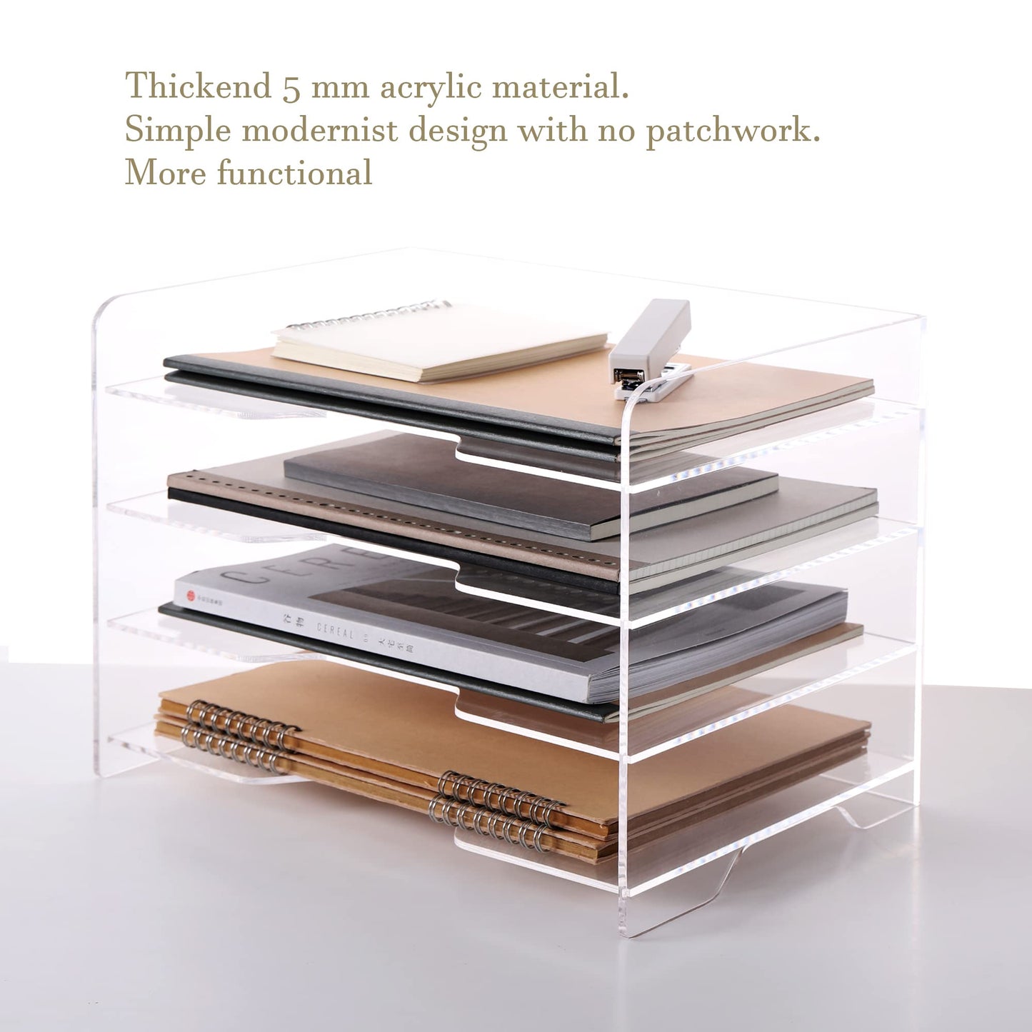 Clear Acrylic Paper Organizer Tray, Enlarged 4-Tier Letter Tray for Desk, Stackable File Storage Organizer for Office Accessories