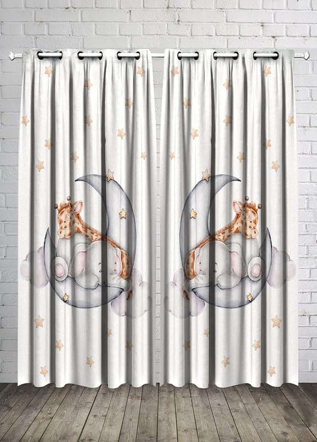 Kids Room Elephant and Giraffe Baby Boy Curtain -Linen Velvet Fabric -Privacy - Steel Grommets - 2 Pieces