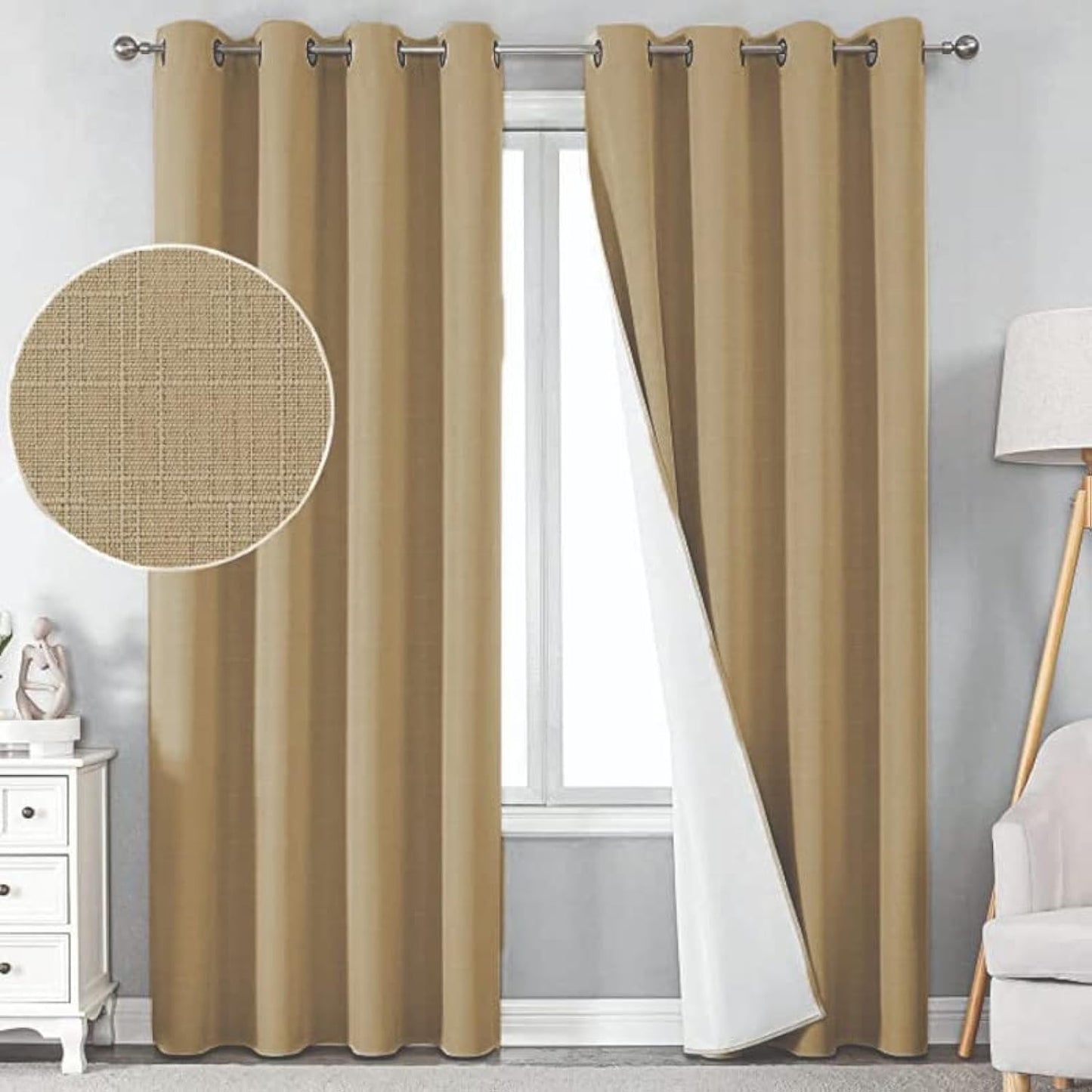 Linen 100% Blackout Curtains for Bedroom Living Room Thermal Insulated Fabric -Room Darkening -Steel Grommet Window Curtains -1 Piece