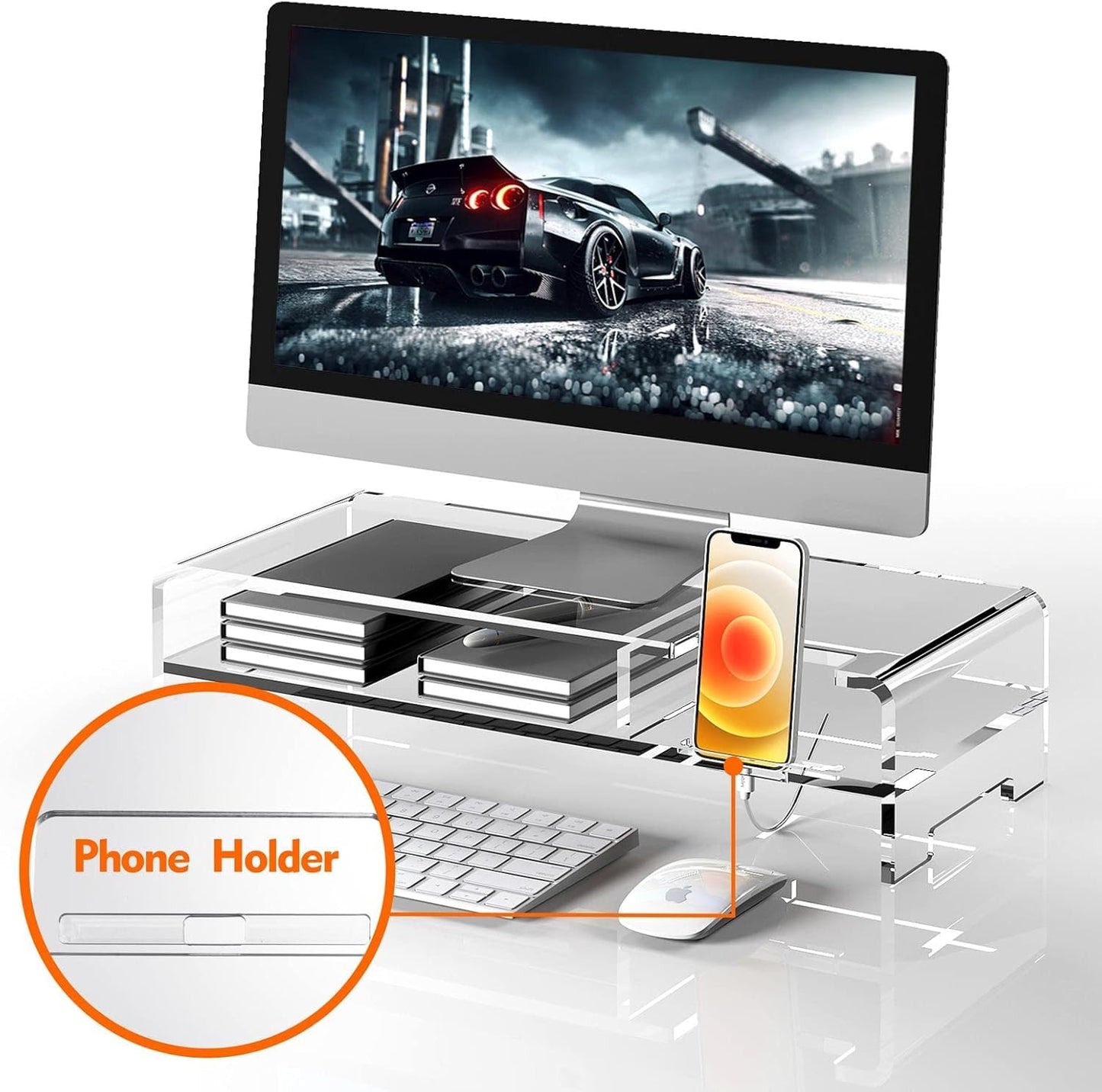 Clear Acrylic Monitor Stand Riser with 2 Tiers and Phone Holder, 50.8 x 20.3 x 11.4 cm Desktop Organizer Shelf for Laptop Printer or Screen, Ergonomic Display Stand for Home or Office