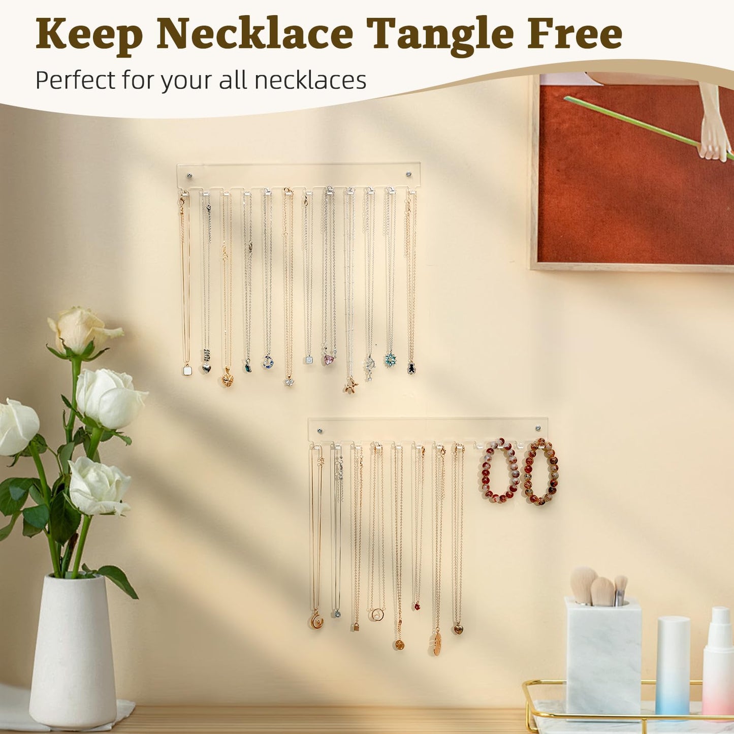 Wall Mounted Acrylic Necklace Holder Set, 2-Piece Hanging Jewelry Organizer with 12 Hooks Each, Perfect for Necklaces, Bracelets, Rings and Bangles Display, Space-Saving Storage, Clear
