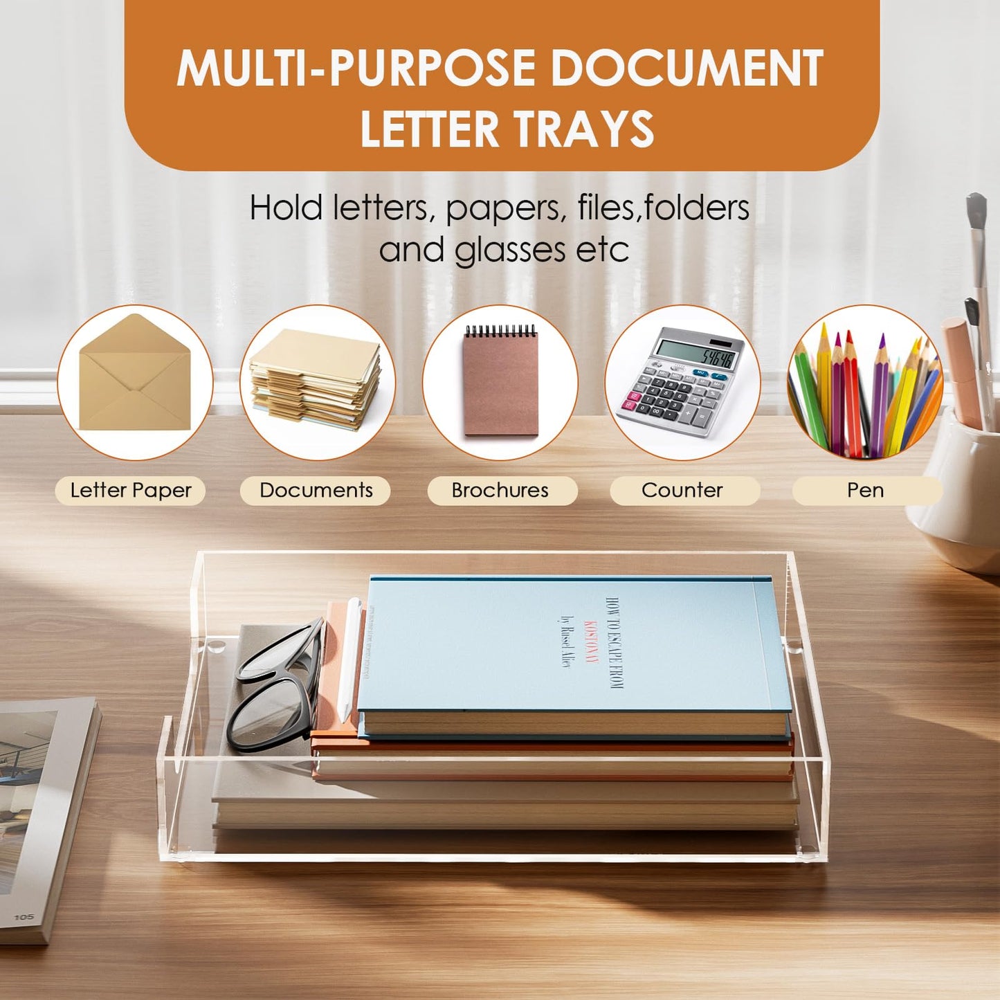 Multi-Function Clear Acrylic Letter Tray and Desktop Organizer, Stackable Desk Tray for Papers, Documents, Magazines, and Folders, Modern File Organizer for Office, Home, and Workspace
