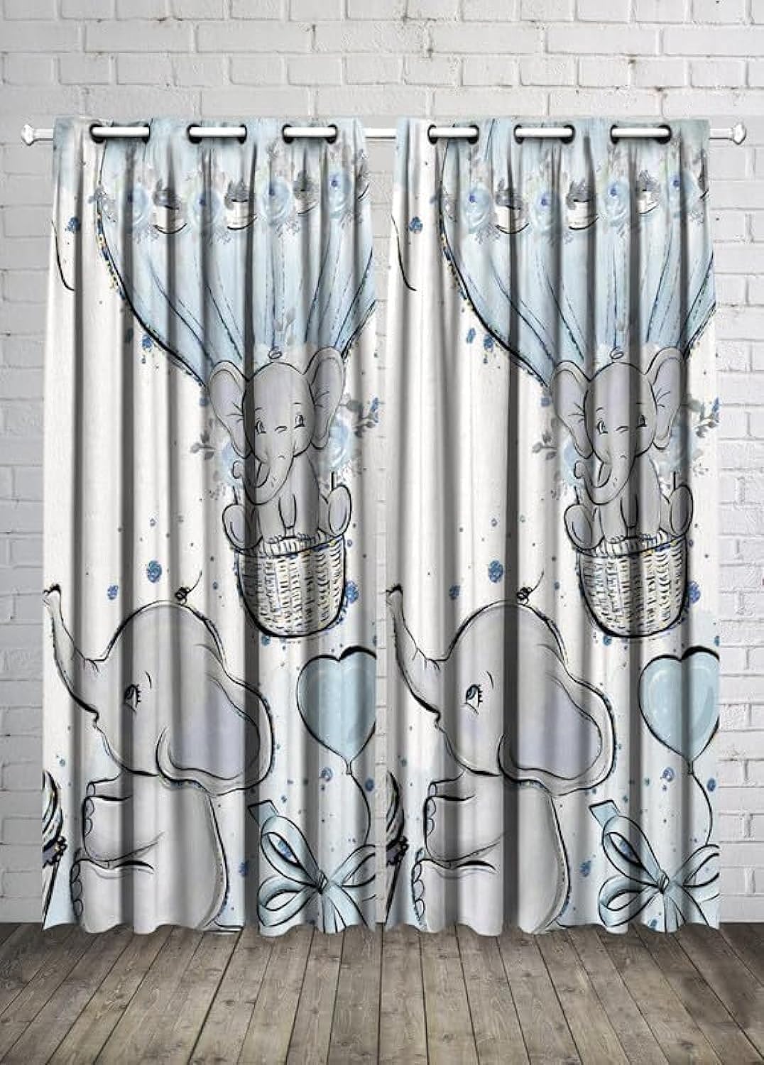 Kids Room Elephants and Balloons Baby Boy Curtain -Linen Velvet Fabric -Privacy - Steel Grommets - 2 Pieces