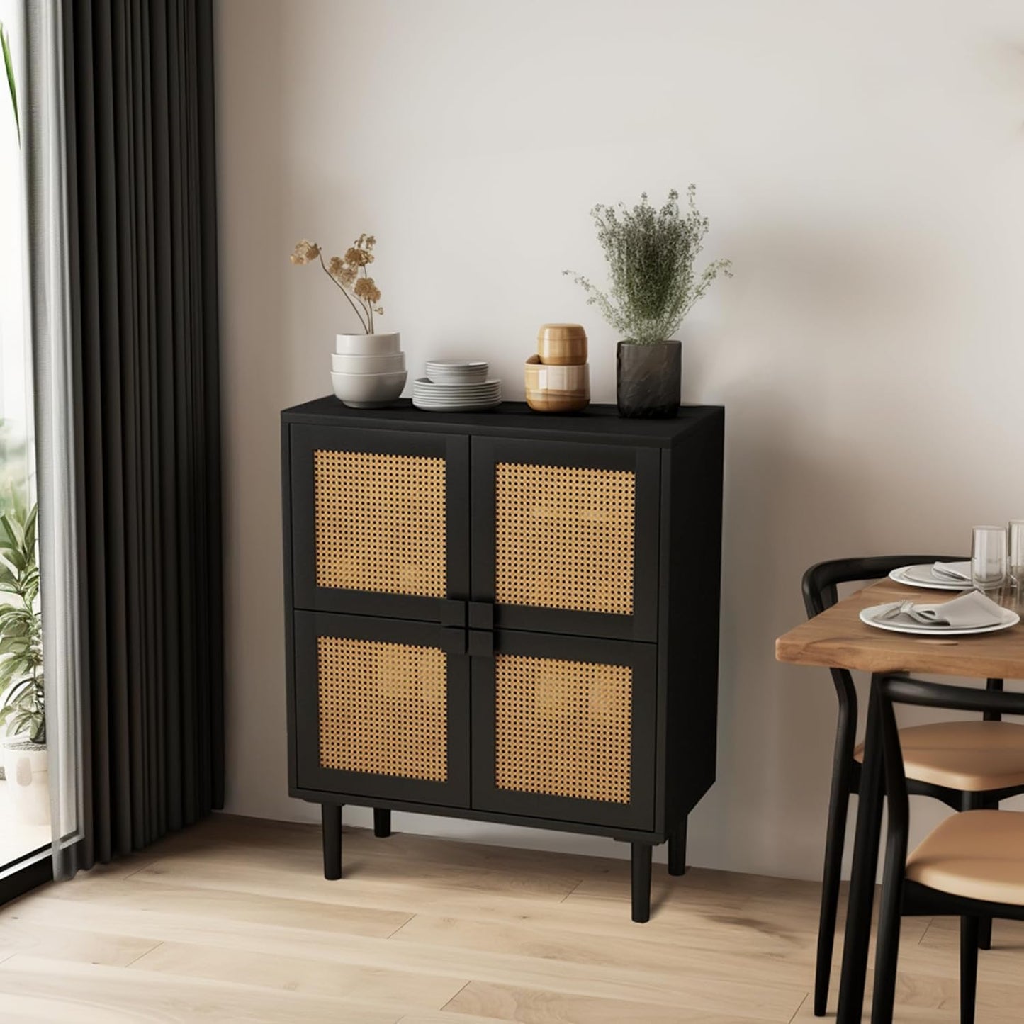 Modern Rattan Storage Cabinet, 4-Door Design with Black Frame, Living Room Furniture