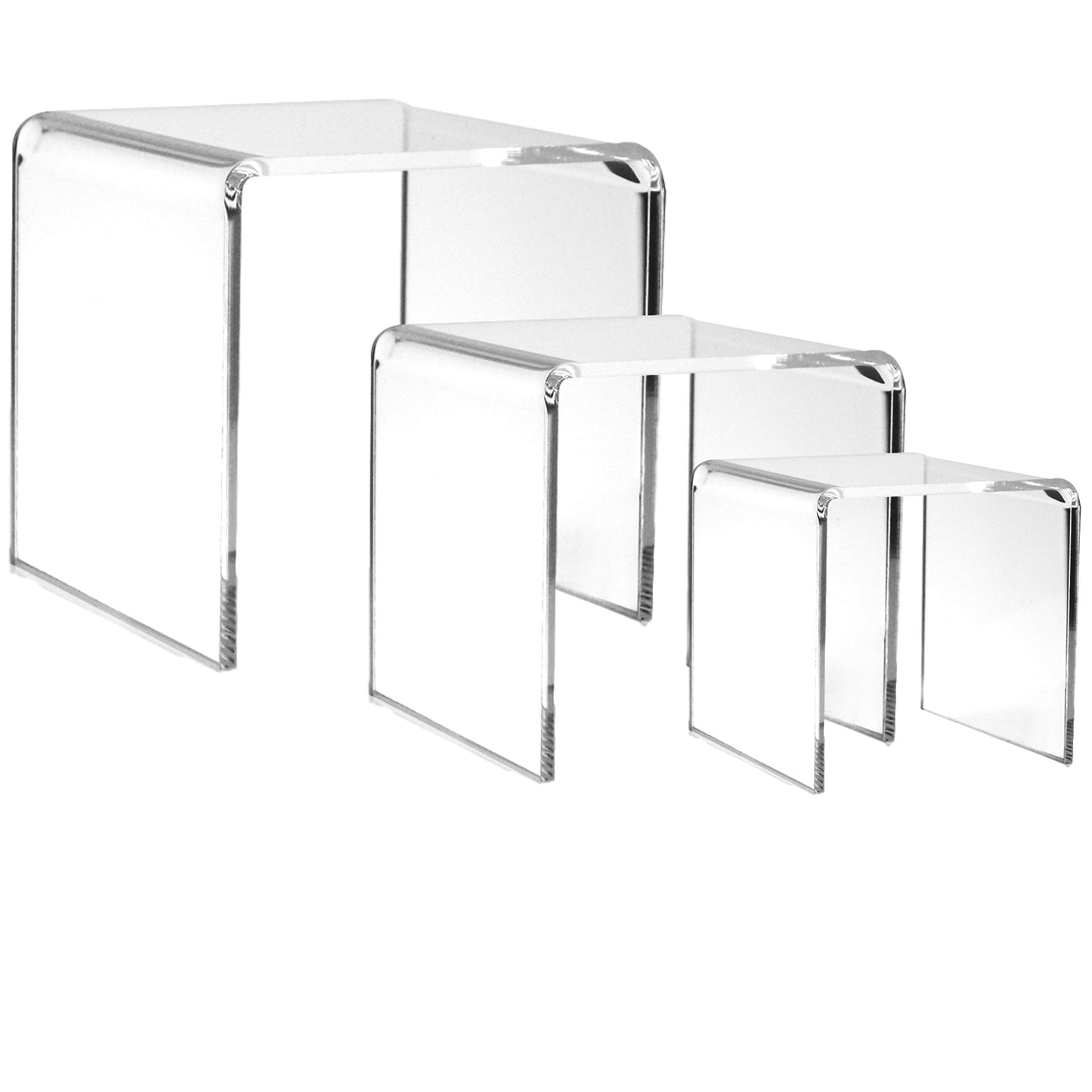 Acrylic Display Risers Set, 3-Piece Clear Acrylic Pedestal Stands, Assorted Sizes for Jewelry Display, Tabletop Fixtures, Retail Counter Showcases, Collectibles and Product Presentation
