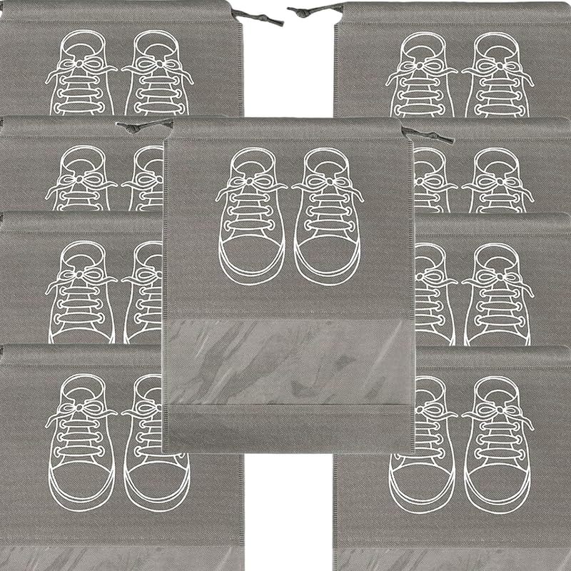 حقائب تخزين أحذية كبيرة، حقائب أحذية مقاومة للغبار برباط مع نافذة شفافة، منظم سفر مقاوم للماء، حقائب أحذية محمولة - رمادي