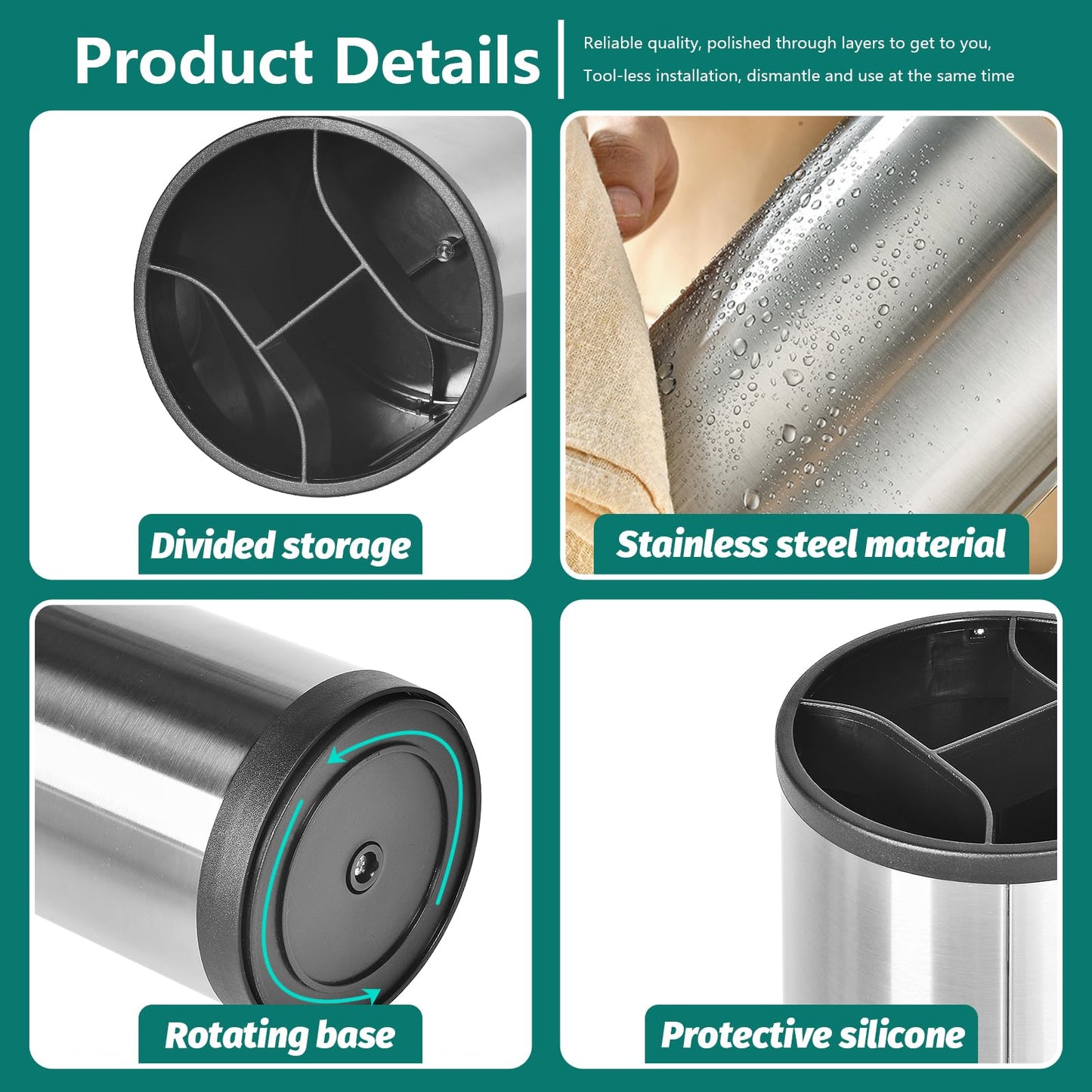 kitchen utensil rack oversized shovel spoon storage rack kitchen countertop cutlery cooking storage rack stainless steel 360 degree rotating weighted base rack suitable for countertop silver