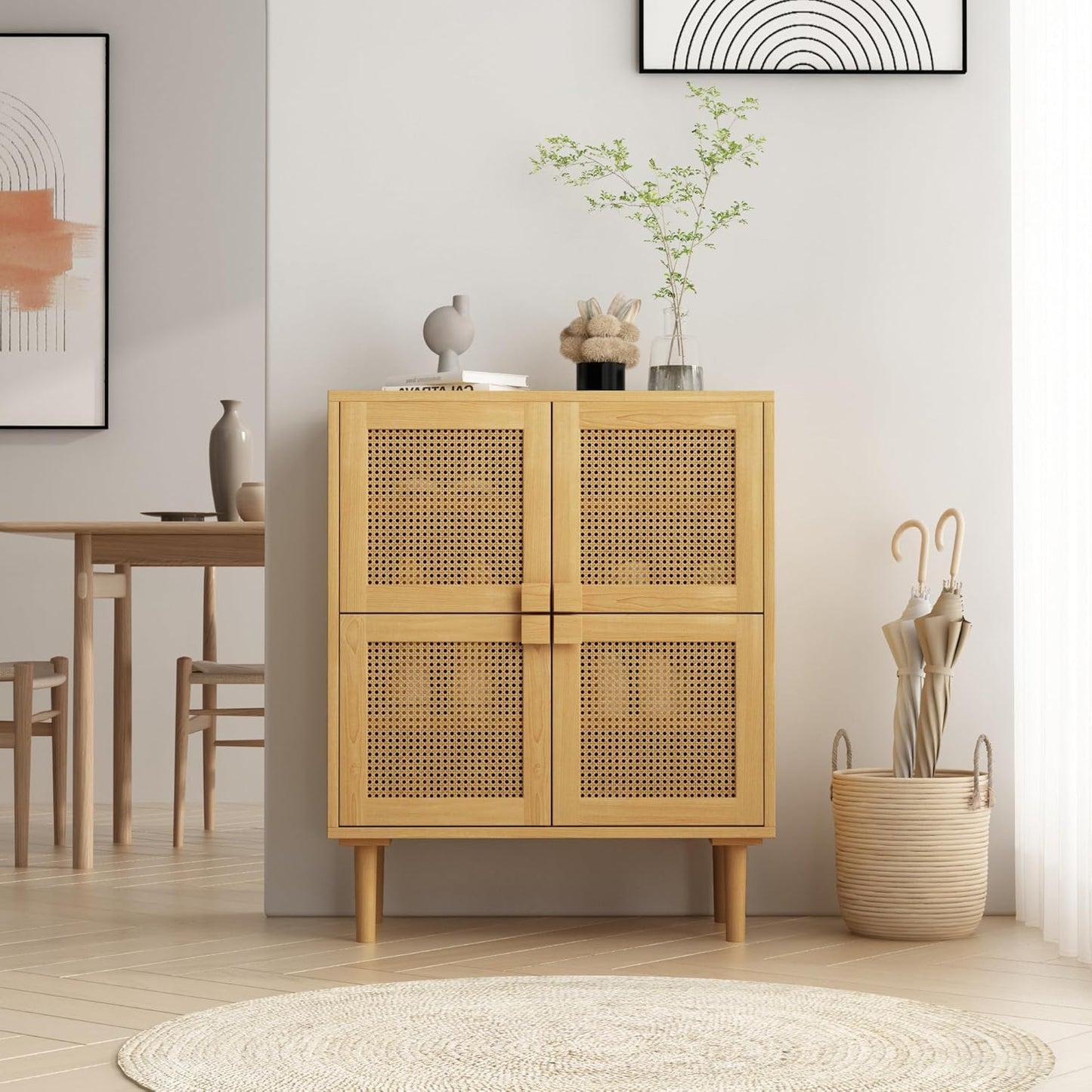Modern Cane Storage Cabinet, 4-Door Wooden Sideboard with Rattan Panels, Natural Oak Finish