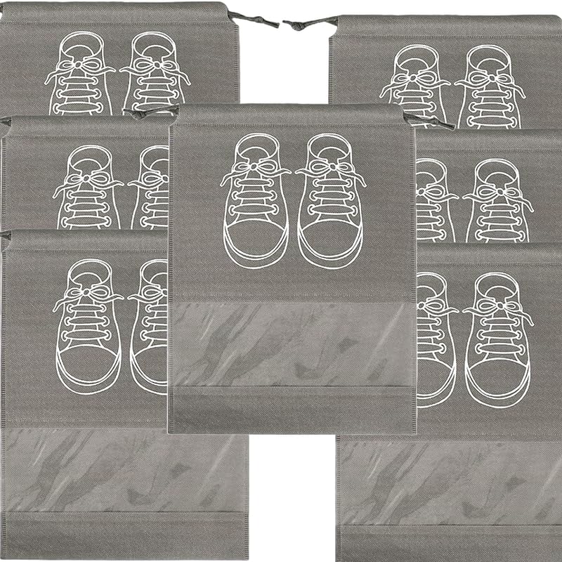 حقائب تخزين أحذية كبيرة، حقائب أحذية مقاومة للغبار برباط مع نافذة شفافة، منظم سفر مقاوم للماء، حقائب أحذية محمولة - رمادي