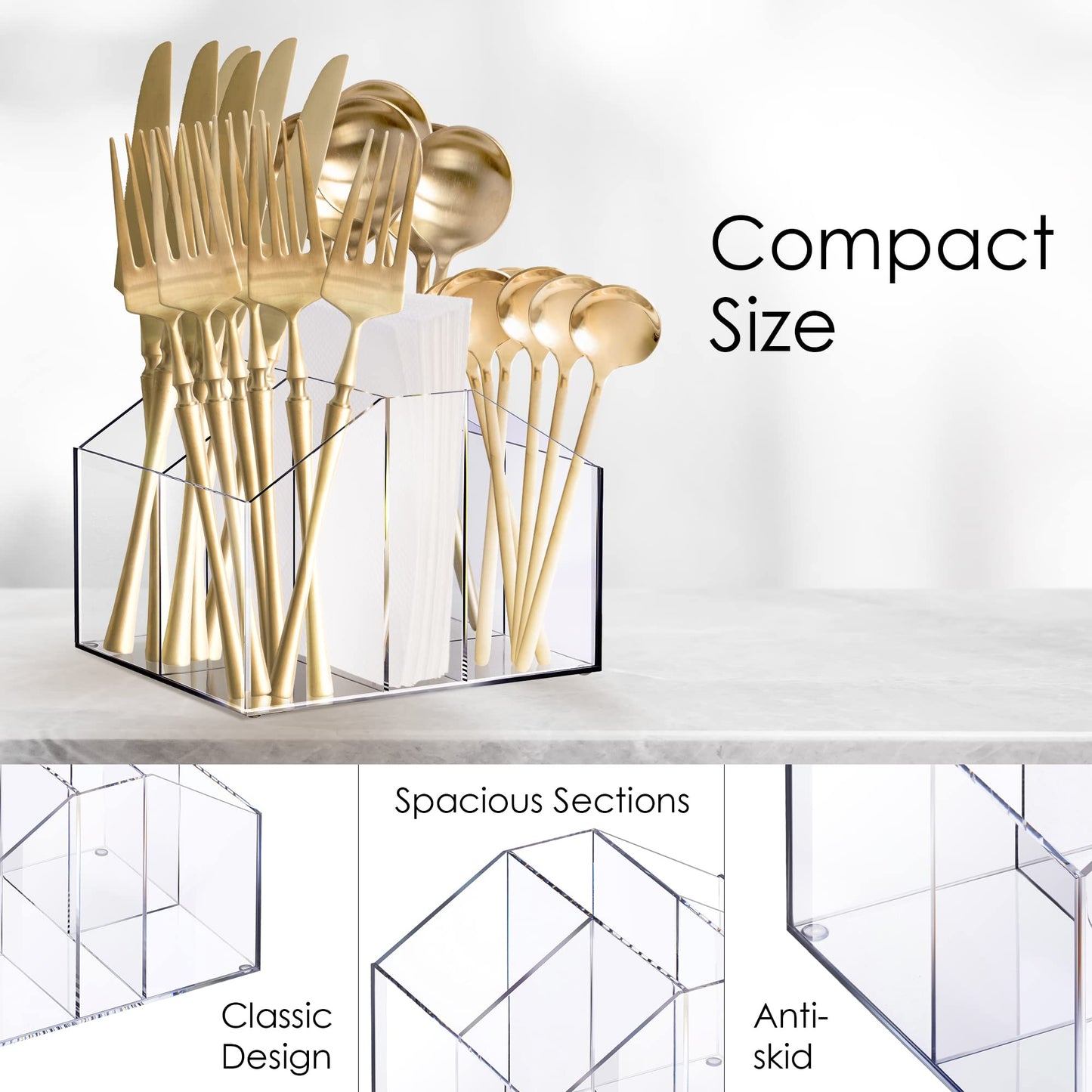 Acrylic Silverware Organizer, Clear Utensil Holder Caddy for Spoons, Forks, Knives, and Napkins, Countertop Flatware Organizer for Dining Table, Buffet, Kitchen, or Party Use, Clear