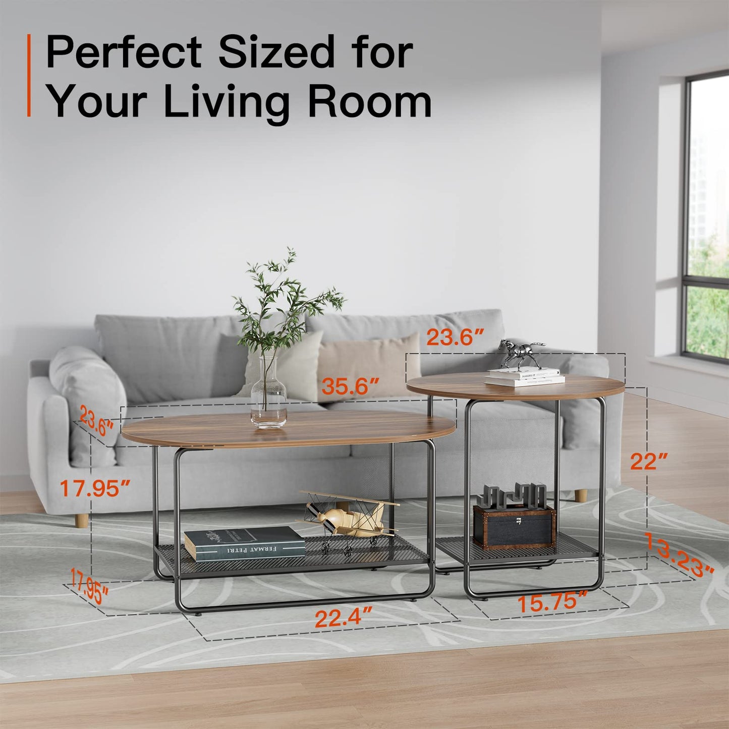 Coffee Table Set, 2-Tier Center Table with Open Shelf and Metal Frame, Modern Round Coffee Table for Living Room, Set of 2