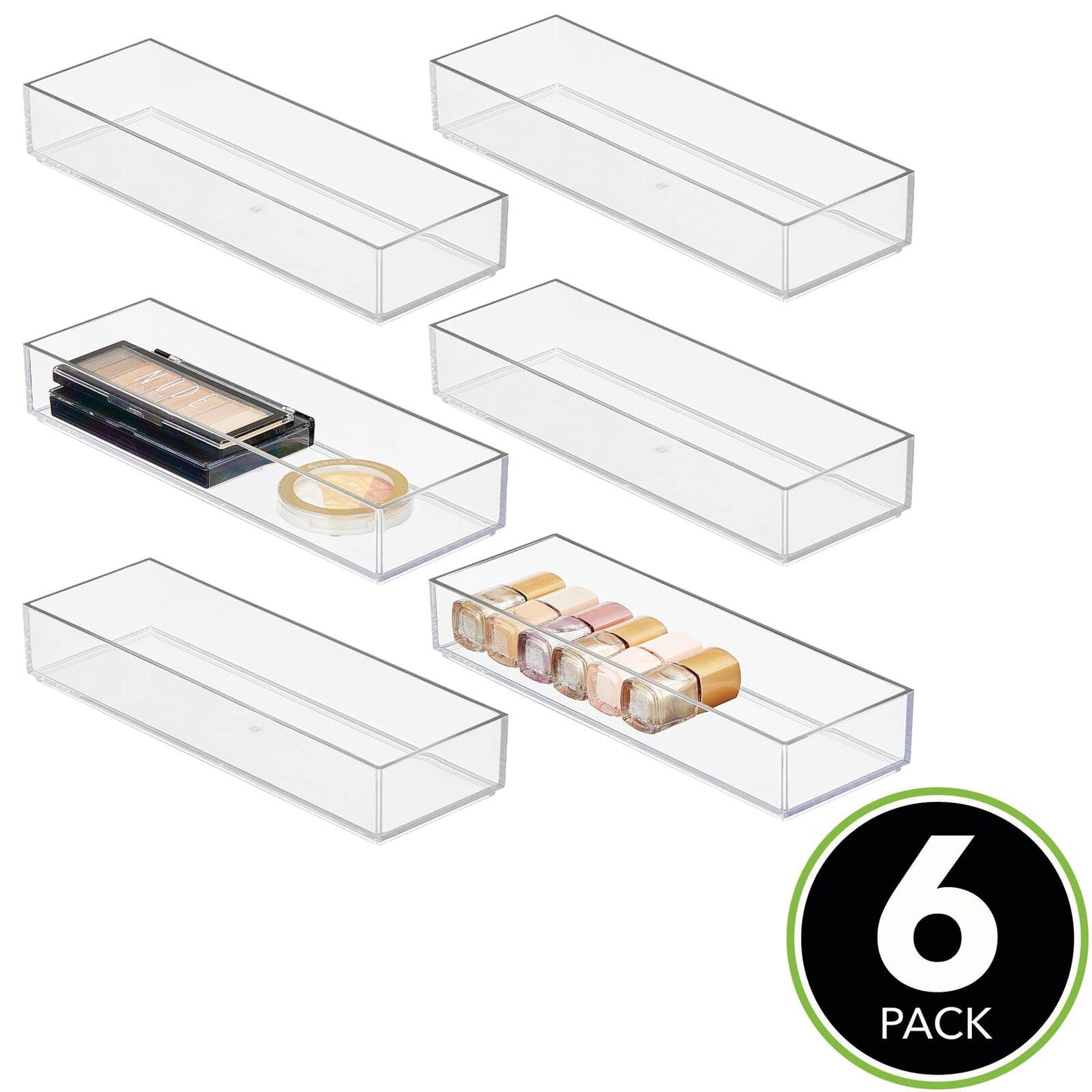 6-Piece Plastic Drawer Organizer Set, Clear Storage Containers with Chrome Detail for Makeup, Cosmetics, and Accessories, Ideal for Bathroom Vanity, Countertop, or Cabinet