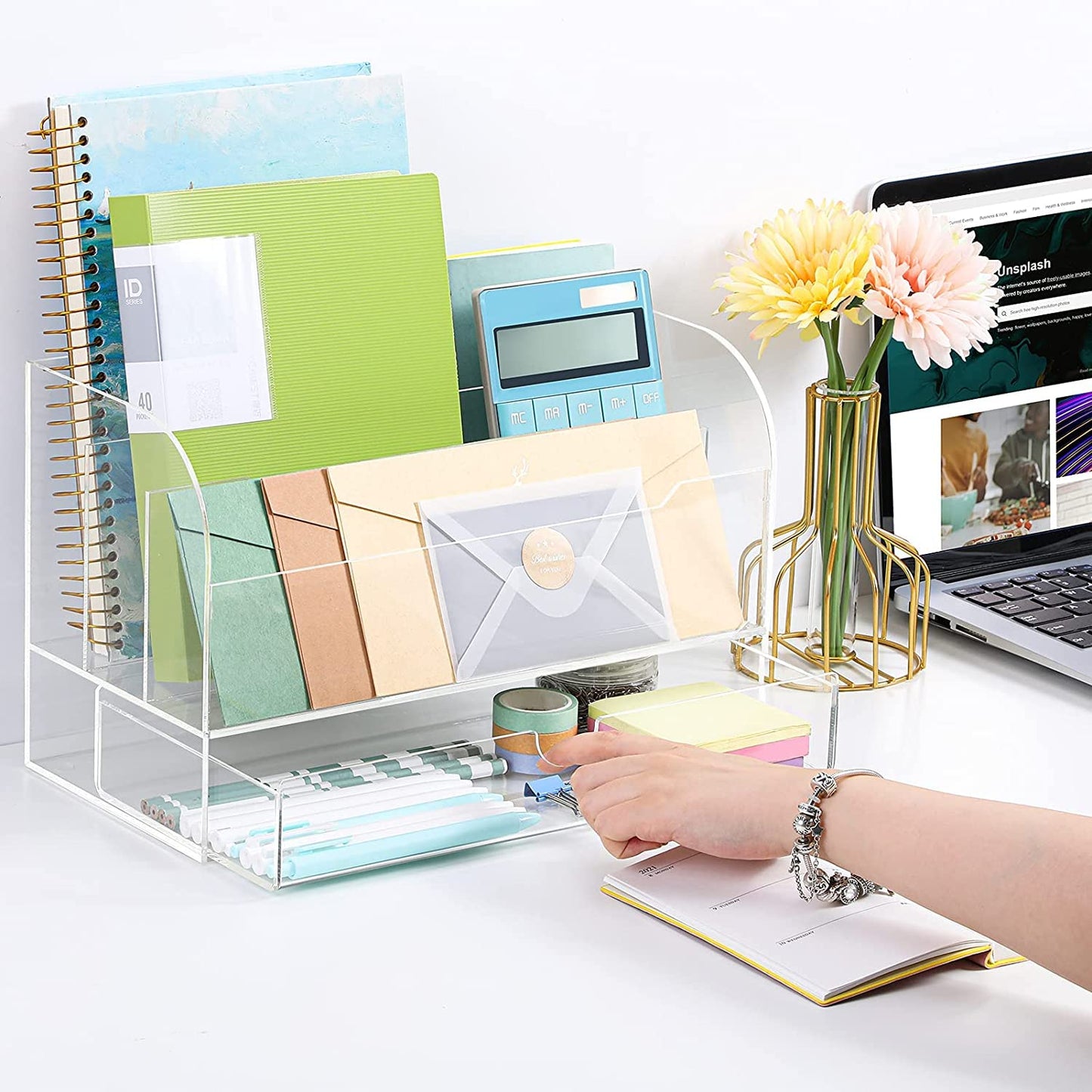 Large Clear Acrylic Desk Organizer and Mail Sorter, Multi-Slot Desktop File Holder with Integrated Drawer for Office and Home, Elegant Stationary Tray and Storage Solution