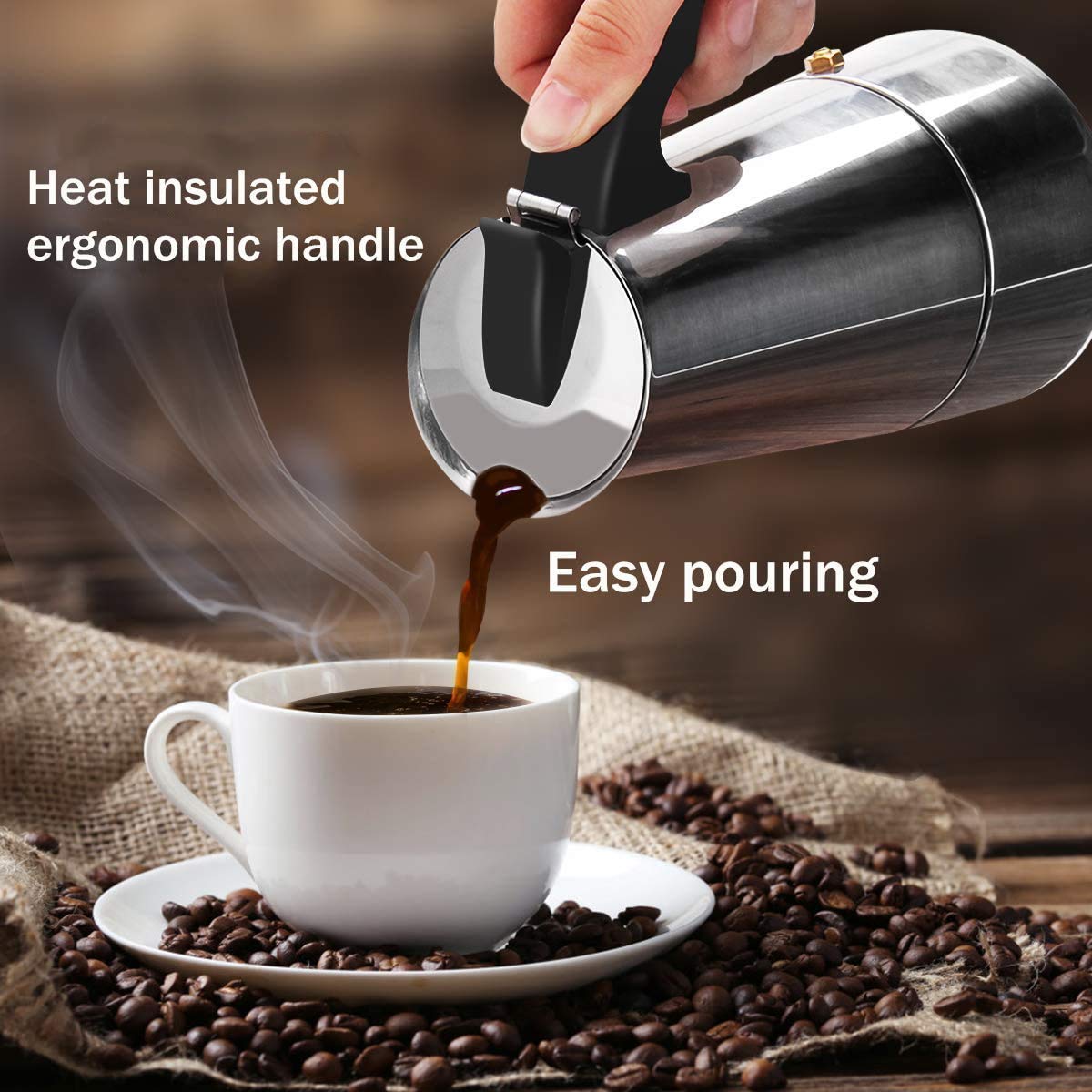Italian Coffee Maker, Stainless Steel Espressos Coffee Maker, Classic Moka Coffee Maker, Steel Container for Making Coffee with Ergonomic Handle Keeps Heat (4 Cups)