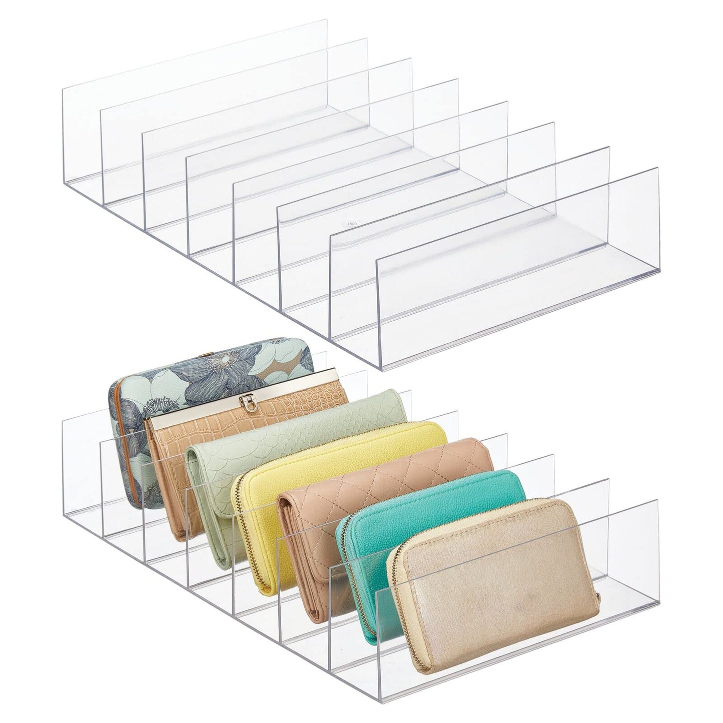 Clear Acrylic Divided Clutch Organizer, Closet Shelf Storage for Purses, Wallets, and Accessories, 7 Sections, 2-Pack