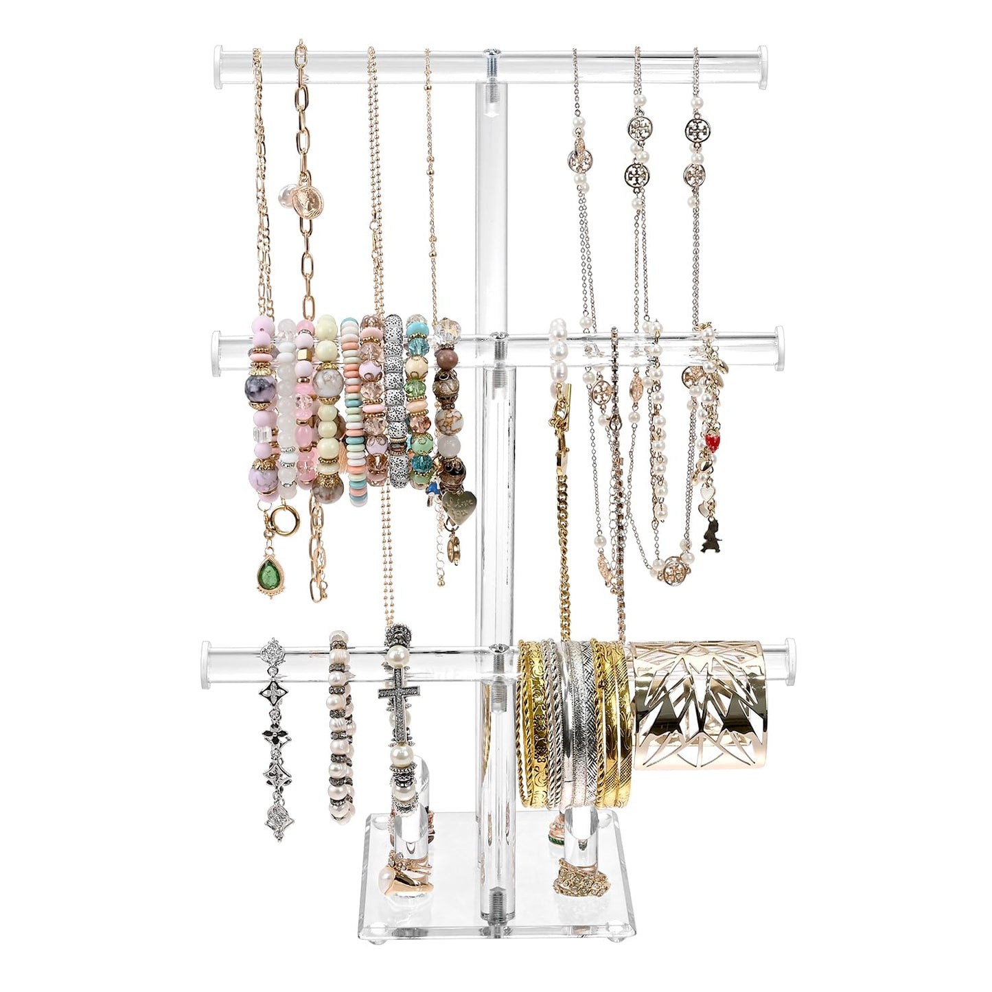 1-Piece 3-Tier Clear Acrylic Jewelry Display Stand with Ring Holders, 25 x 16 x 38 cm Necklace Bracelet Bangle Organizer for Store, Tradeshow, and Home Décor