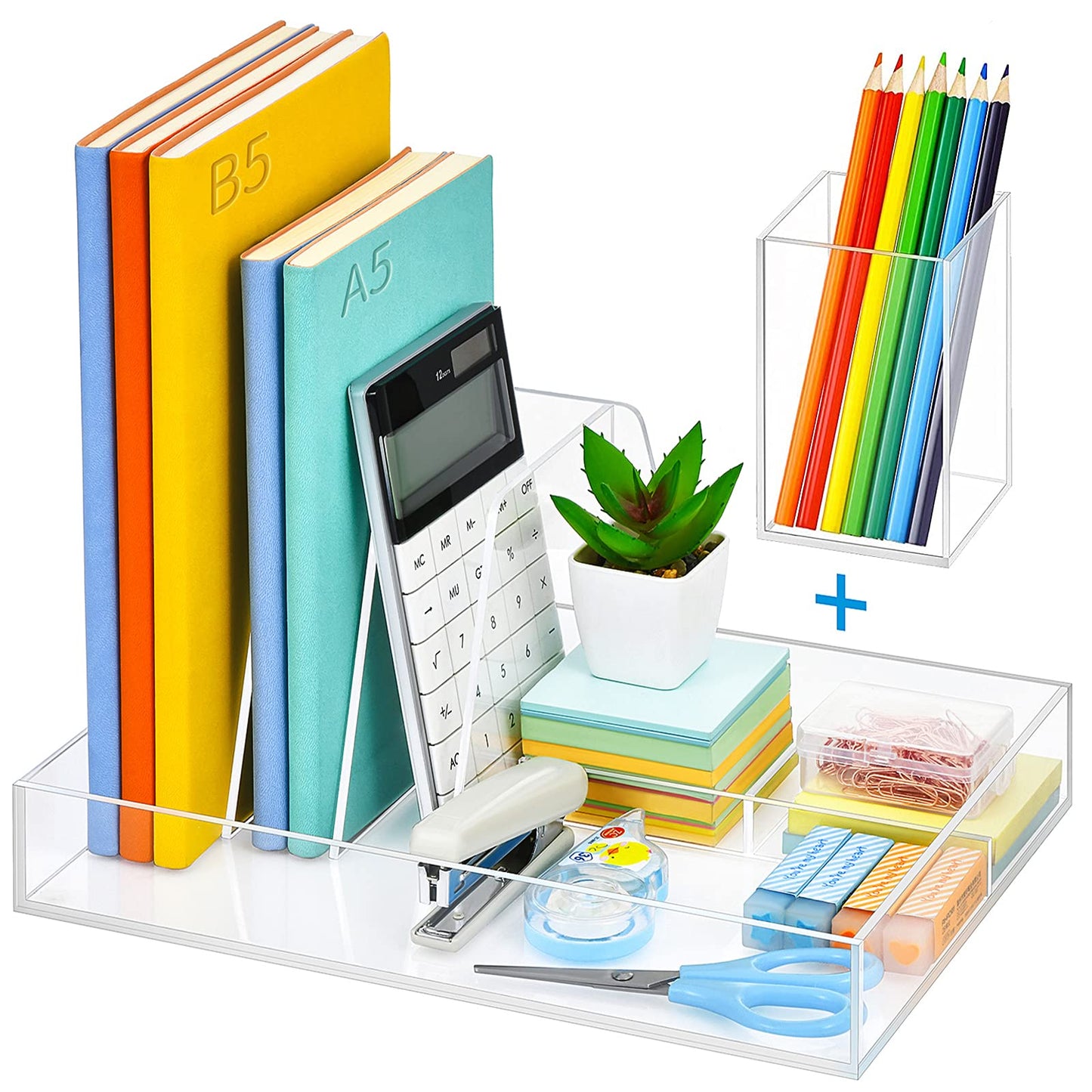 All-in-One Acrylic Desk Organizer Set (2 Pack), Includes a Multi-Functional File Sorter and a Matching Pencil Holder, Clear Office Organizers for Desktop, Magazine, and Pen Storage
