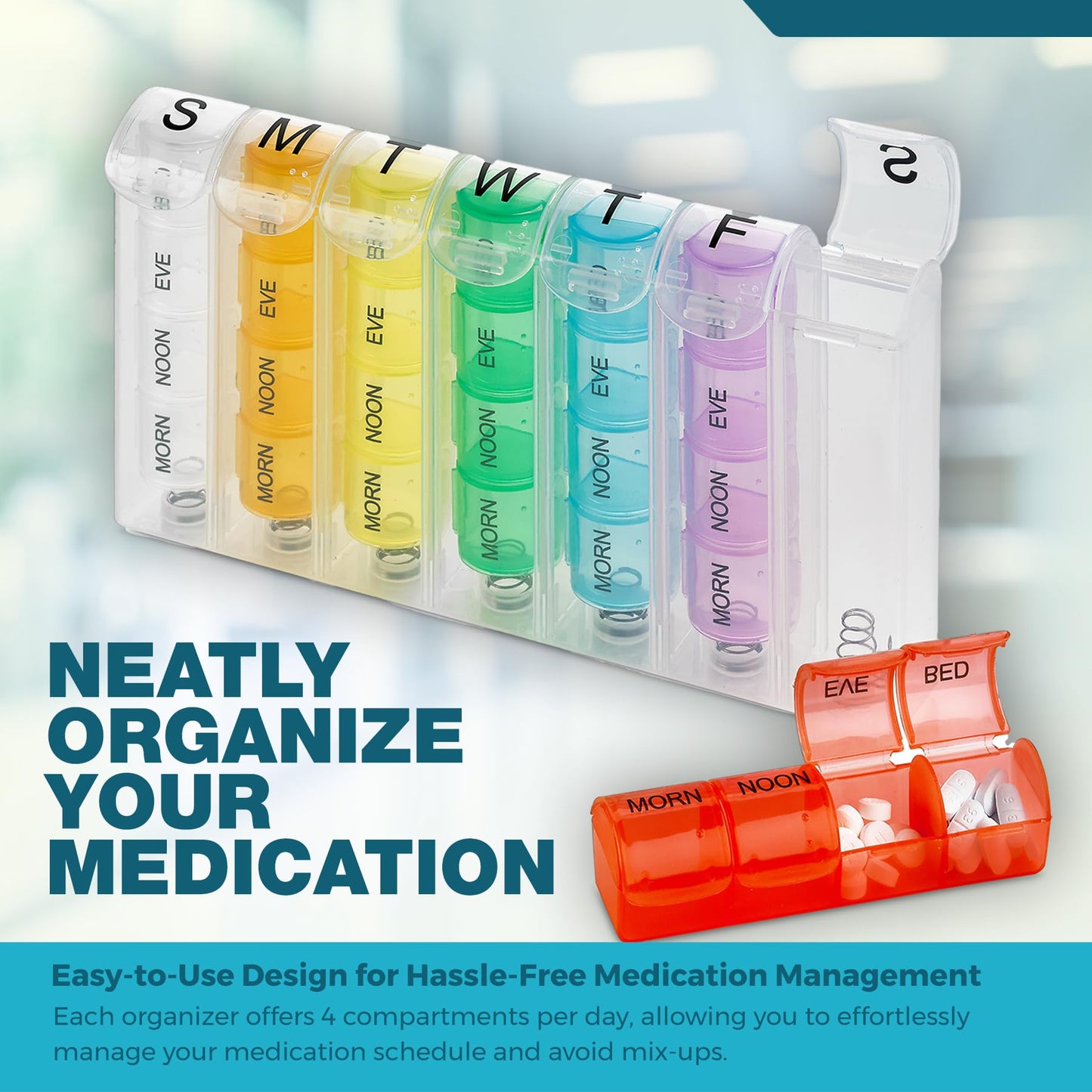 Weekly Pill Organizer - 7 Day Pill Box with 4 Compartments Per Day, Portable Medication Planner for Pills, Vitamins, Supplements, Easy-to-Use Design, Travel Friendly