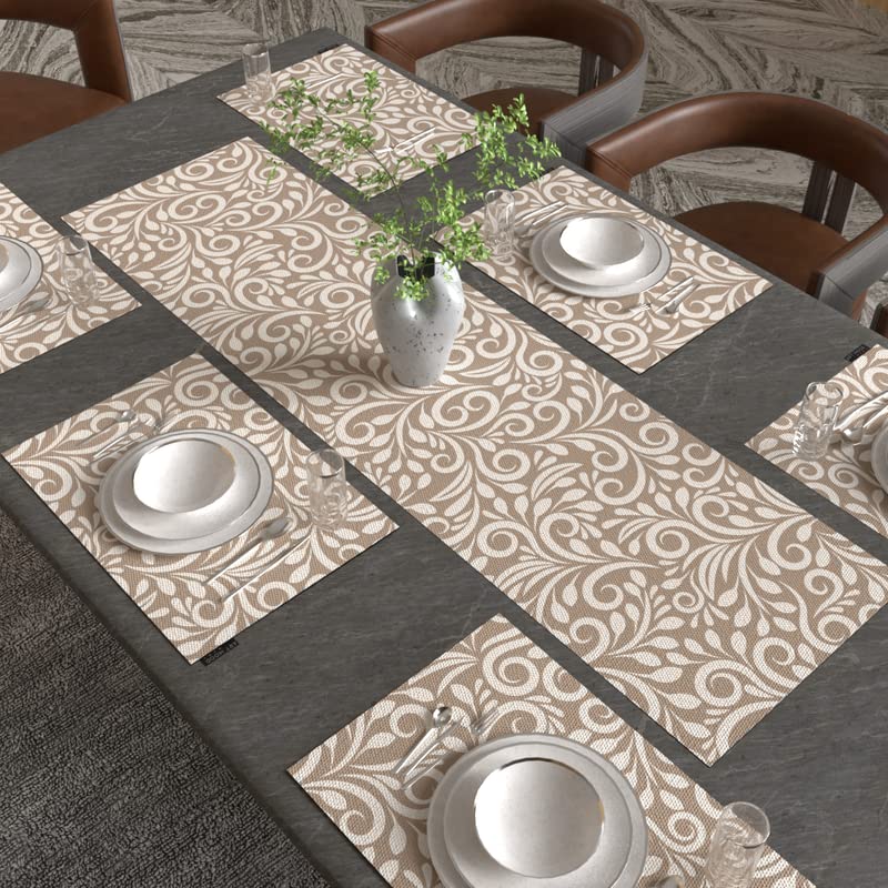 Cran Leaf 7-Piece Dining Set, includes 6 Durable Canvas Placemats (45x30 cm) and 1 Table Runner (35x140 cm), Beige & Blue, a Botanical Design to Protect and Style your Table