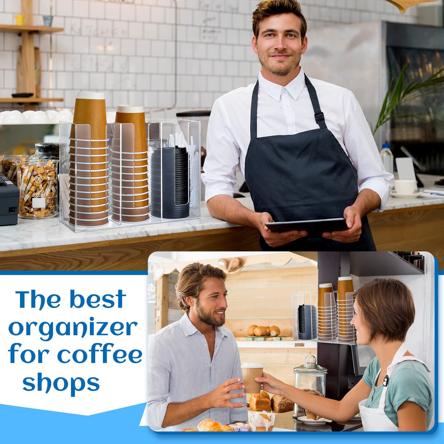 3-Compartment Acrylic Coffee Cup Dispenser Organizer, 24 x 32 x 10.5 cm, Cup and Lid Holder for Disposable Cups, Coffee Shop and Office Supplies, Wall Mountable or Countertop Storage