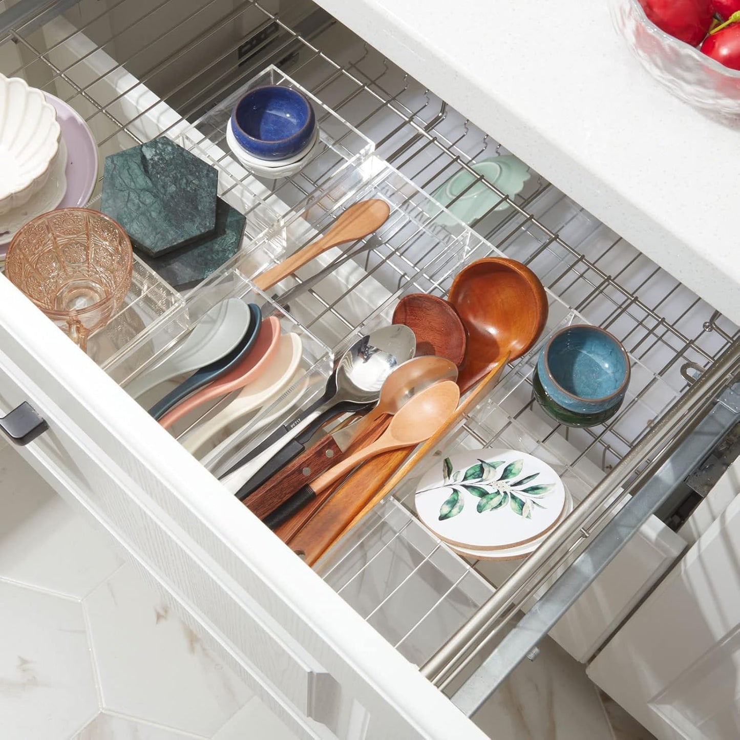 Clear Acrylic Drawer Organizer Set of 2, 6-Section and 3-Section Divided Trays, 30.2 x 30.2 x 4.3 cm and 30.2 x 11.4 x 4.3 cm, Makeup and Desk Storage for Bathroom Kitchen or Office Use